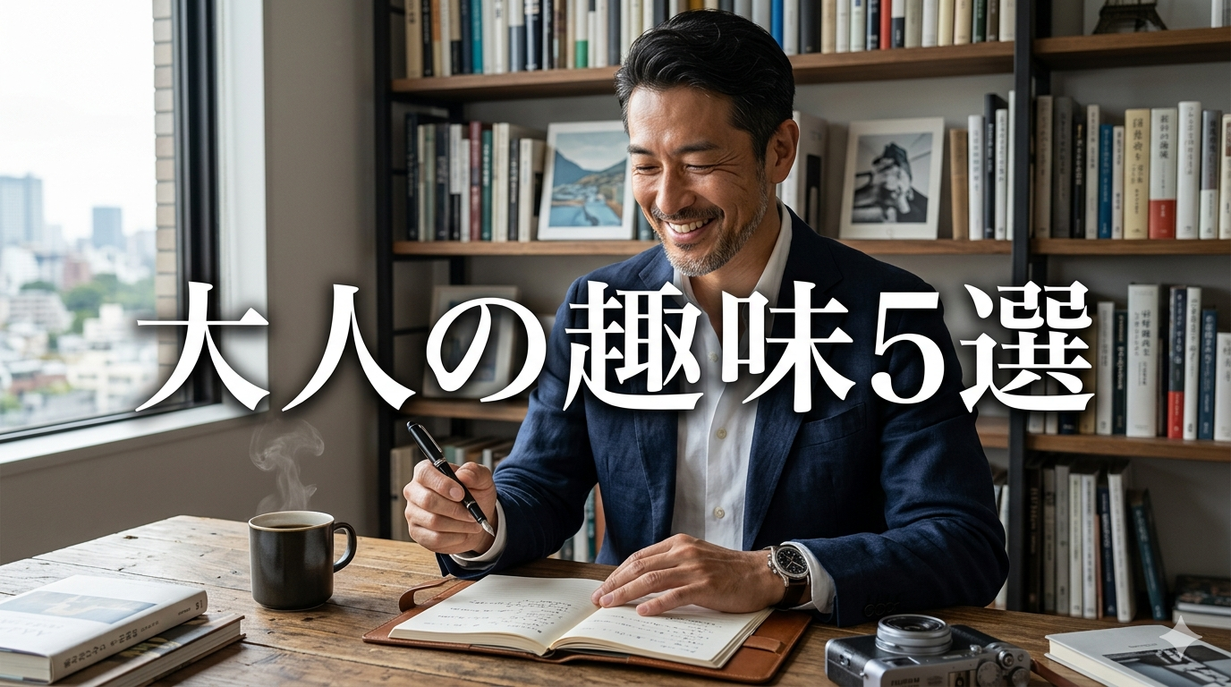 初夏の爽やかな光が差し込む都会の洗練された書斎やモダンなブックカフェを背景に、生活感やだらしなさを1ミリも感じさせず、自らのこだわりであるコーヒーや上質な本を前に、圧倒的な清潔感と知的な大人の品格を放つ40代のイケオジ男性。イケオジの趣味5選戦略のイメージ。