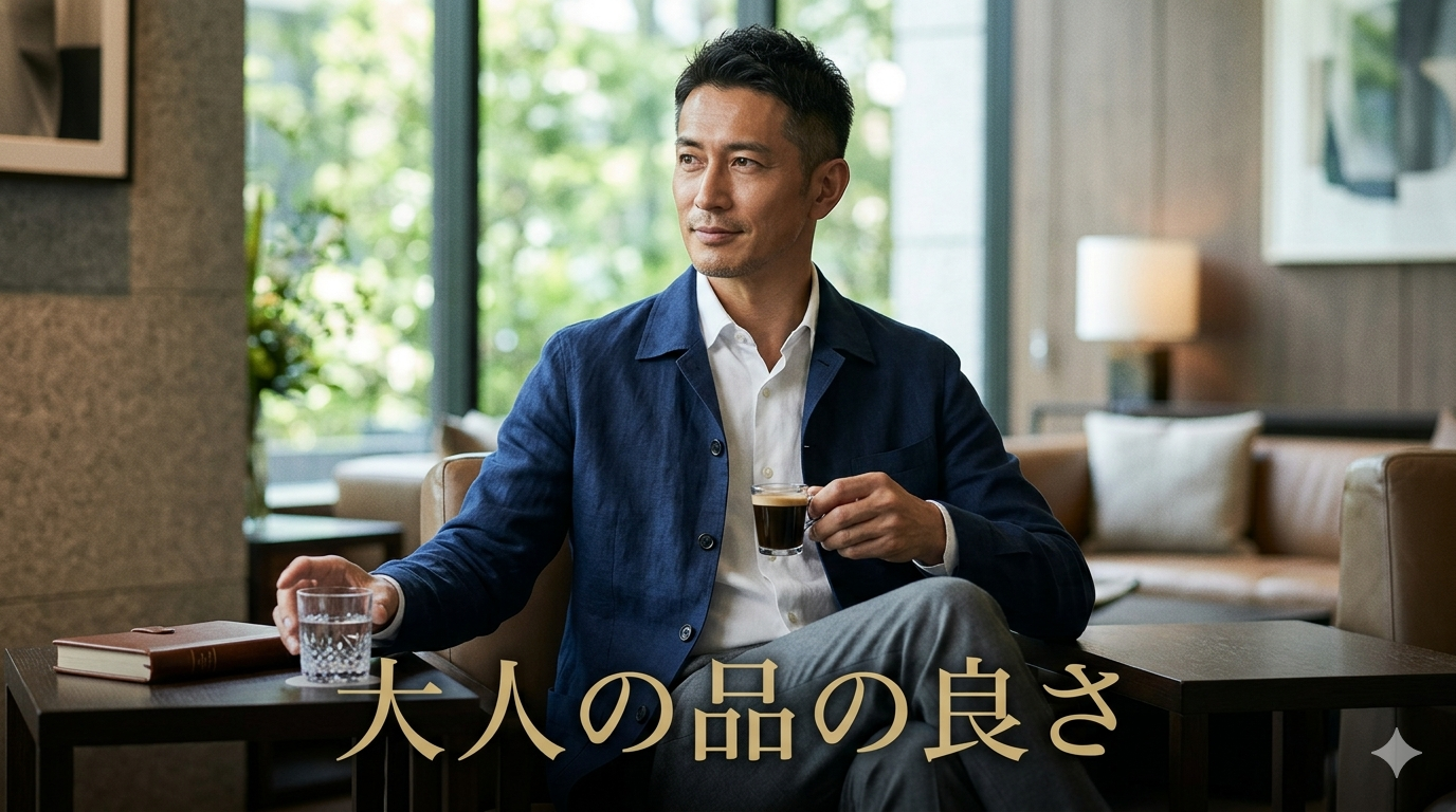 初夏の爽やかな光が差し込むプレミアムなラウンジを背景に、若作りの痛々しさを1ミリも感じさせない、上質でハリのあるスーツジャケットをスマートにまとい、グラスを静かに手元に置きながら圧倒的な清潔感と知的な大人の品の良さを放つ40代のイケオジ男性。大人の品の良さ戦略のイメージ。