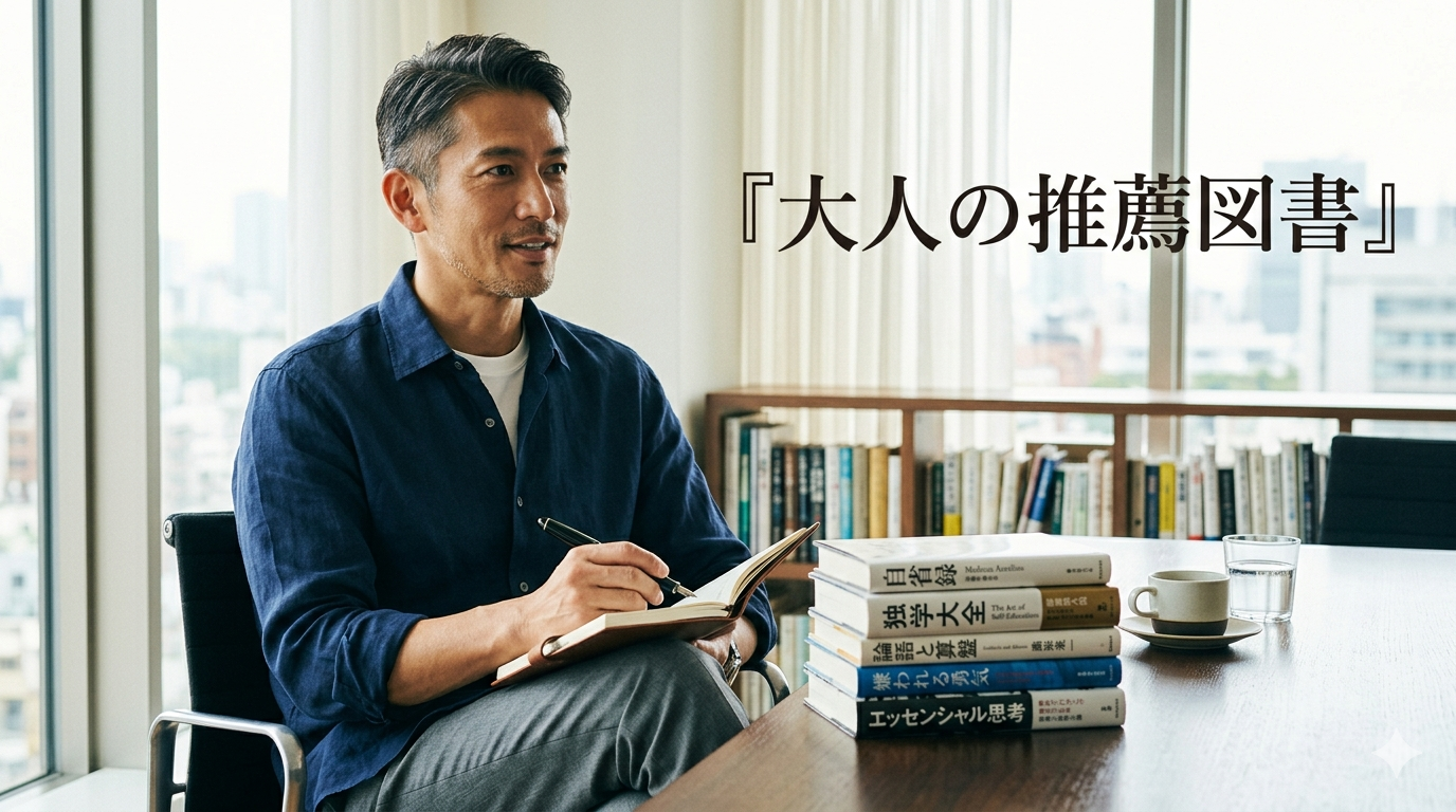 初夏の爽やかな光が差し込む都会の洗練された書斎やモダンなブックライブラリーを背景に、無駄な厚みやノイズが1ミリもない、上質なハードカバーの本をデスクにスマートに並べ、圧倒的な清潔感と知的な大人の品格を放つ40代のイケオジ男性。大人の推薦図書戦略のイメージ。
