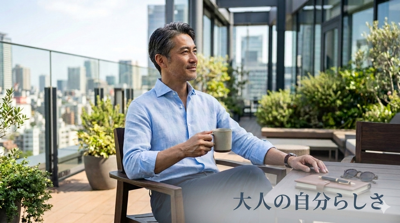 初夏の爽やかな光が差し込む都会の洗練されたテラスや書斎を背景に、周囲の目を1ミリも気にすることなく、自らの世界を愛する圧倒的な清潔感とブレない大人の自信を放つ40代のイケオジ男性。大人の自分らしさ戦略のイメージ。