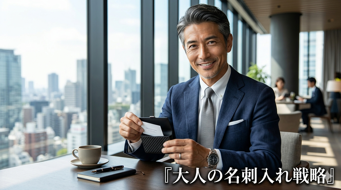初夏の爽やかな光が差し込む洗練されたオフィスの会議室やモダンなカフェのテラスを背景に、名刺での膨らみや擦り切れが1ミリもない、圧倒的に薄く美しい艶を放つミニマルな本革の名刺入れをスマートに手に持ち、圧倒的な清潔感と知的な大人の品格を放つ40代のイケオジ男性。大人の名刺入れ戦略のイメージ。
