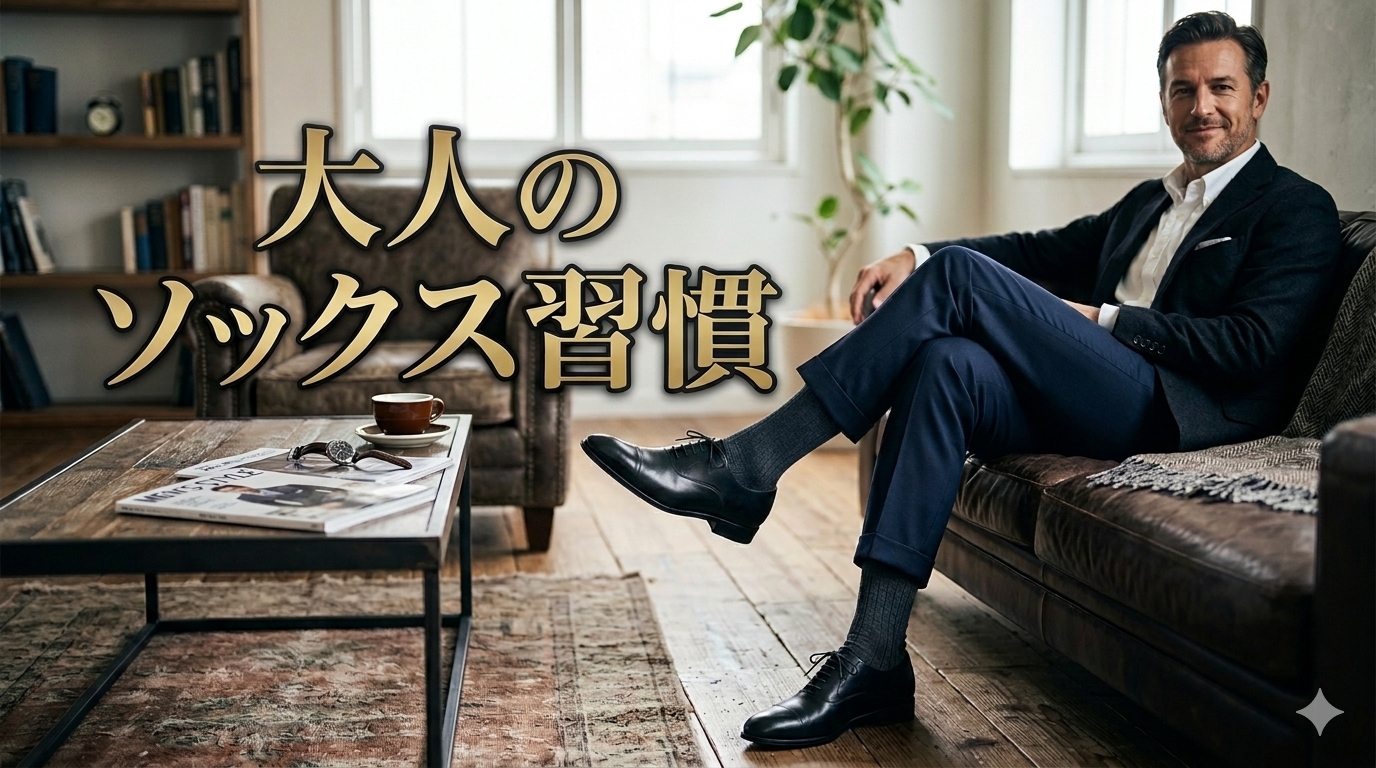 洗練された書斎のソファで足を組み、両足ともに美しく磨き上げられた黒のストレートチップ革靴と、スラックスの裾からずり落ちずに完璧なホールド力をキープする大人のロングホーズ靴下を魅せる40代メンズのイケオジ男性。50代で差がつく大人のソックス習慣・フットマネジメント戦略のイメージ。