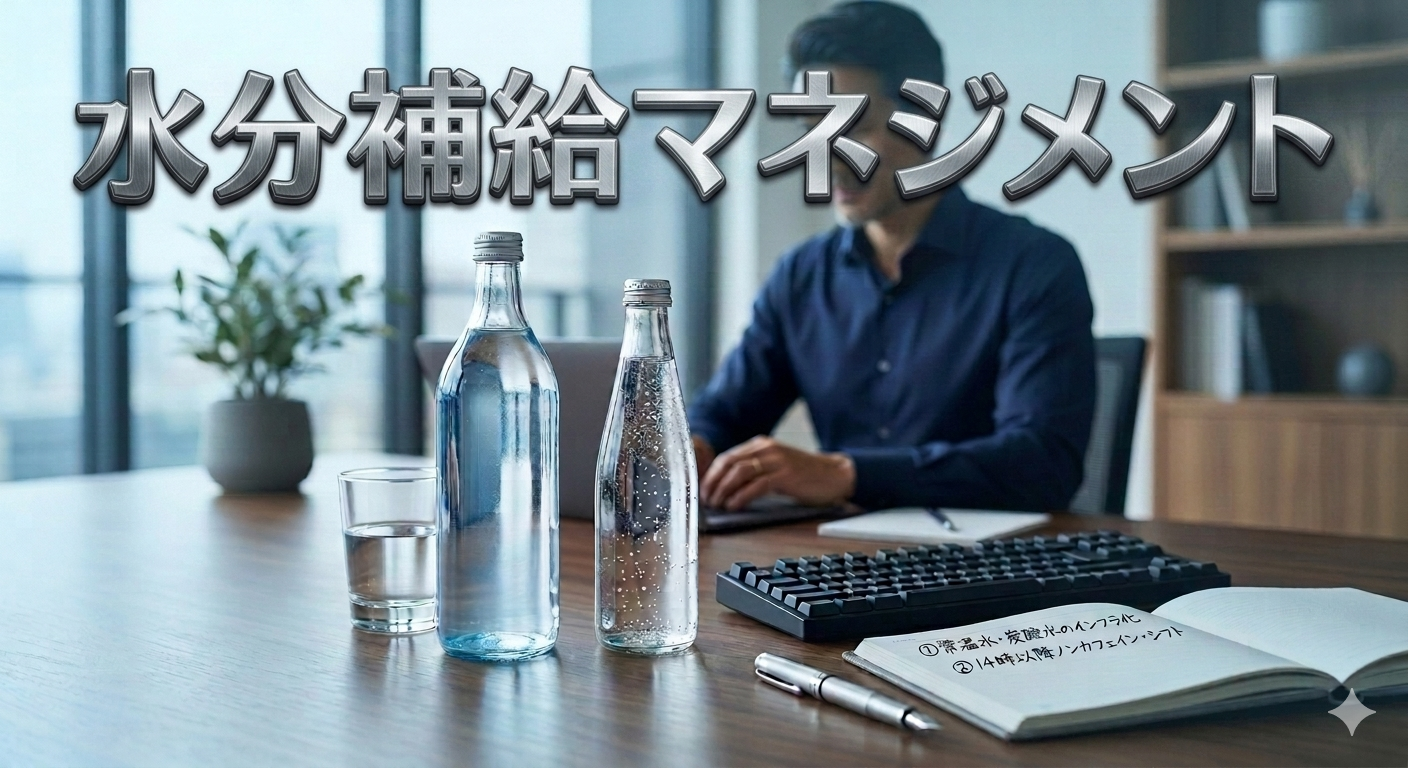 初夏の爽やかな光が差し込む洗練されたオフィスのデスクを背景に、透明なガラスボトルに入った常温水と炭酸水が置かれ、手前のノートには行動ルールが端正に書き込まれている。奥ではクリーンなシャツをまとい、高い集中力でビジネスに没頭する40代のイケオジ男性。大人の水分補給戦略のイメージ。