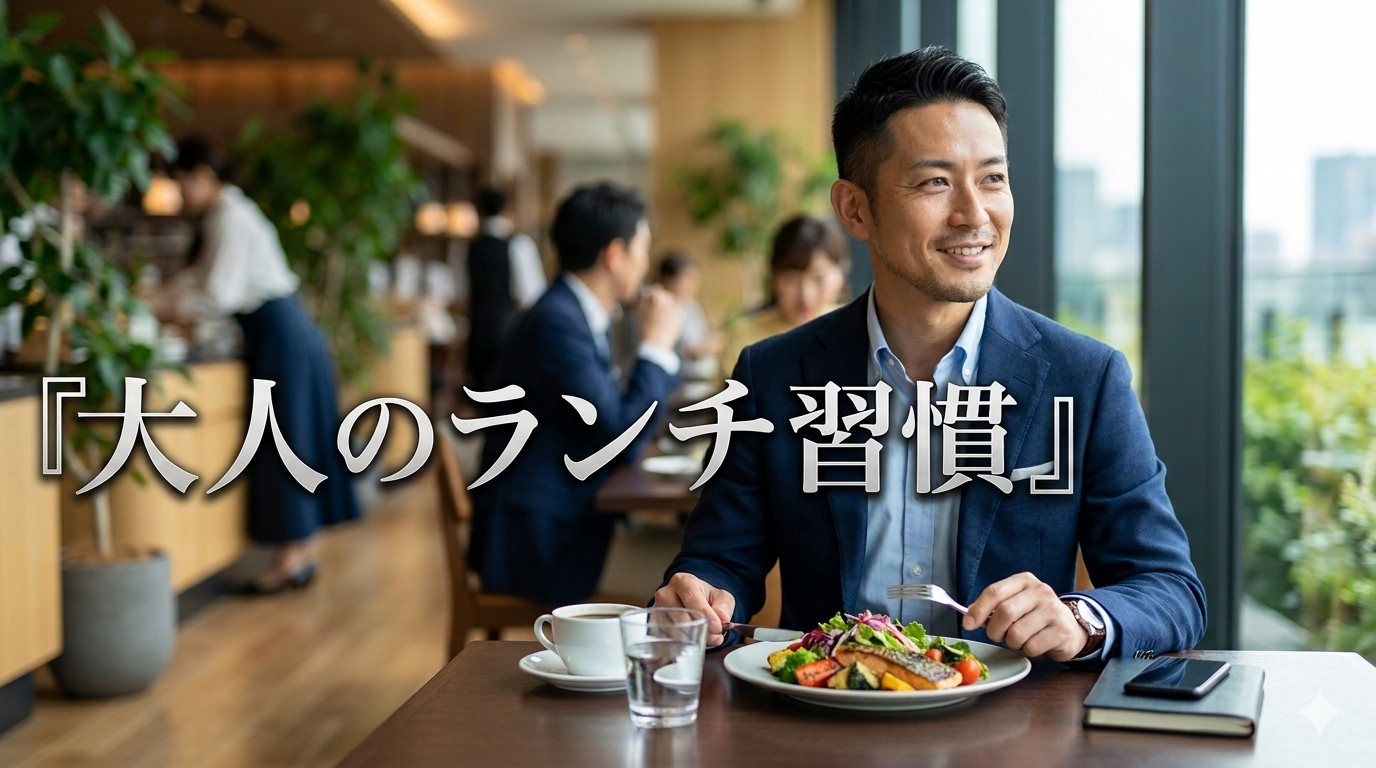 初夏の爽やかな光が差し込む洗練されたモダンなレストランやオフィスのラウンジを背景に、だらしなさを1ミリも感じさせない端正な和定食を前に置き、圧倒的な清潔感と知的な大人の品格を放つ40代のイケオジ男性。大人のランチ習慣戦略のイメージ。