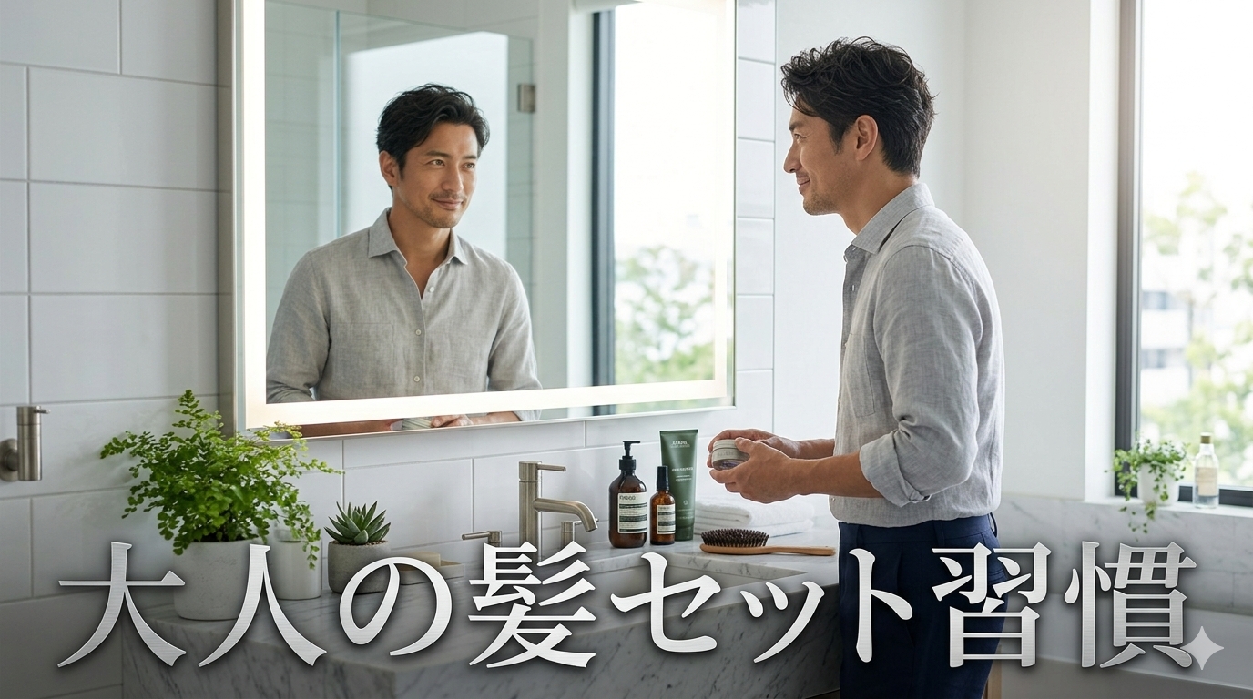 初夏の爽やかな朝の光が差し込む洗練されたモダンな洗面台の鏡の前で、だらしなさを1ミリも感じさせない驚くほどクリーンでボリュームのある美しい髪型を披露し、高い自己管理能力と知的な大人の品格を放つ40代のイケオジ男性。大人の髪セット習慣戦略的のイメージ。