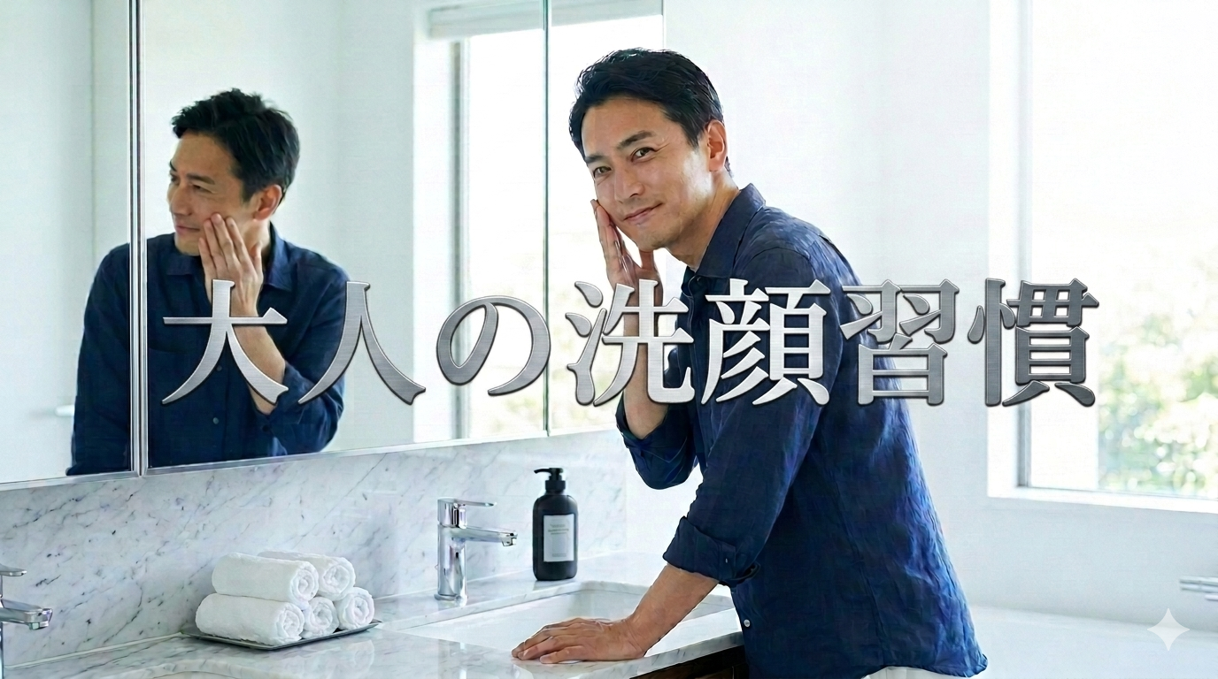 初夏の爽やかな朝の光が差し込む洗練されたモダンな洗面台の鏡の前で、だらしなさを1ミリも感じさせない驚くほどクリーンでハリのある肌ツヤを披露し、高い自己管理能力と知的な大人の品格を放つ40代のイケオジ男性。大人の洗顔習慣戦略のイメージ。