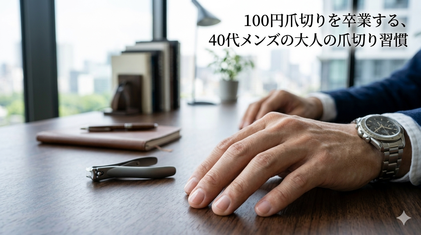 初夏の爽やかな光が差し込む洗練されたモダンスペースのデスクを背景に、ガタつきやささくれが1ミリもない、圧倒的にシャープでクリーンに整えられた指先をスマートに披露し、高い自己管理能力と知的な大人の品格を放つ40代のイケオジ男性。大人の爪切り習慣戦略のイメージ。