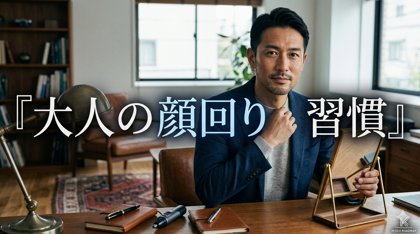 初夏の爽やかな光が差し込む洗練されたモダンな書斎のデスクを背景に、顔回りの細部にまで1ミリの油断もハミ出させず、圧倒的にクリーンで知的な表情を浮かべながら、自らの時間を楽しむ高い自己管理能力と年齢を重ねた男にしか出せない余裕を放つ40代のイケオジ男性。大人の顔回り習慣戦略のイメージ。