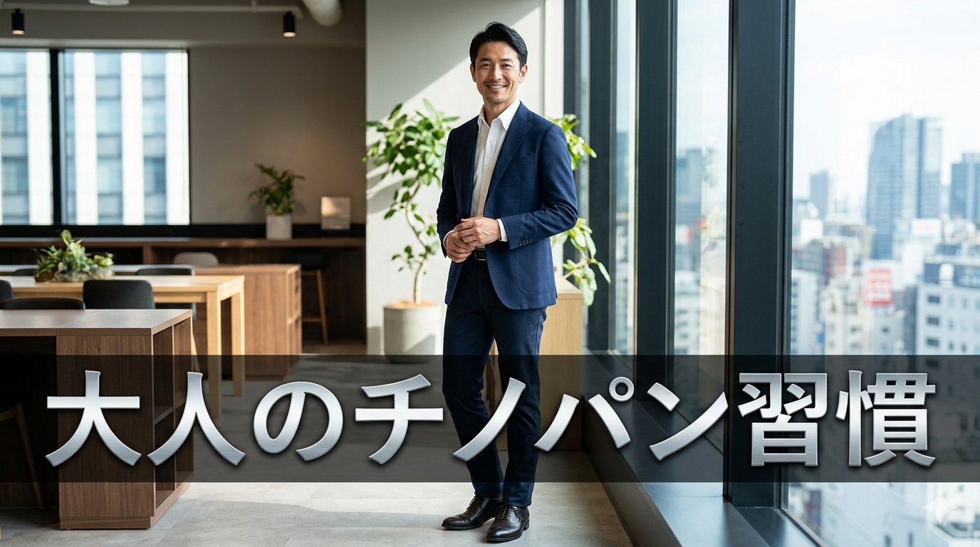 初夏の爽やかな光が差し込む洗練されたモダンなオフィスのデスクを背景に、ネイビーの端正なチノパンをスマートに穿きこなし、足元のたるみや生活感のシワを1ミリも透けさせない完璧なサイズ感と圧倒的な清潔感を披露し、高い自己管理能力と知的な大人の品格を放つ40代のイケオジ男性。大人のチノパン習慣戦略のイメージ。