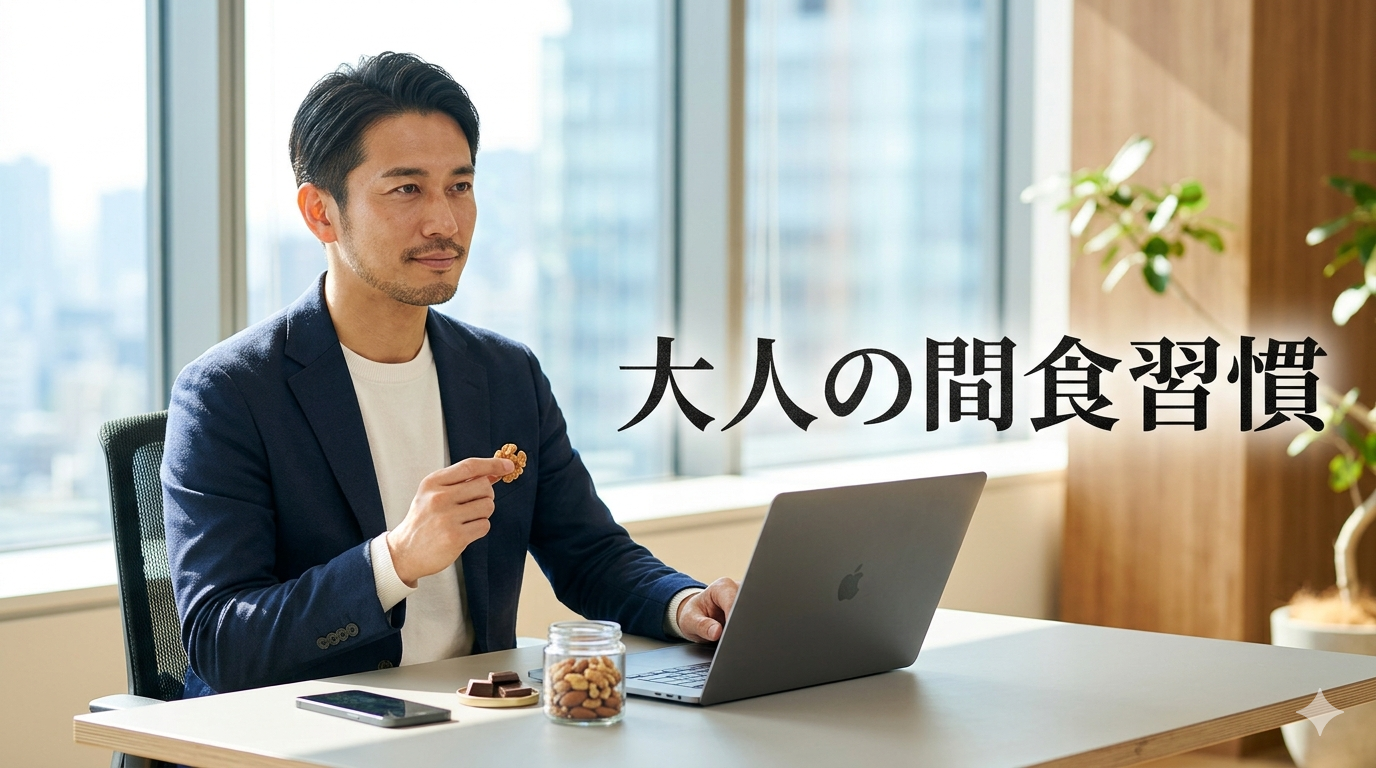 初夏の爽やかな光が差し込む高層オフィスのデスクを舞台に、チープなお菓子の袋を一切排除し、クリーンなガラス瓶に入った無塩ナッツやビターチョコレートを手元に置きながら、圧倒的な集中力でパソコンに向かう40代メンズのイケオジ男性。50代で差がつく大人のダイエット間食習慣戦略のイメージ。