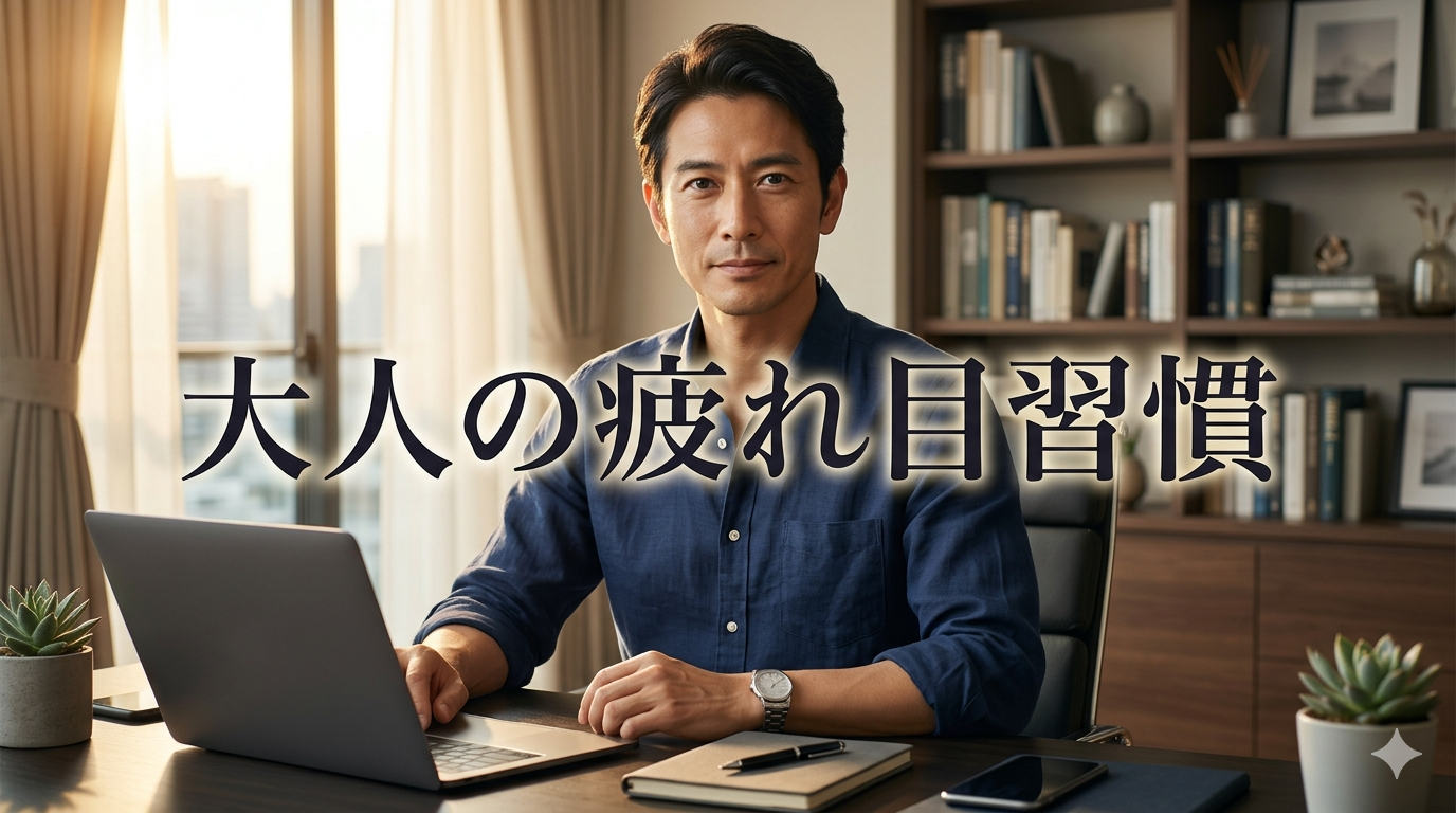 初夏の爽やかな夕暮れ時の光が差し込むモダンな書斎のデスクを舞台に、長時間のデスクワークによるお疲れ感を1ミリも感じさせない、驚くほど澄んだ力強く知的な眼差しを前方に向け、高い自己管理能力と大人の品格を放つ40代メンズのイケオジ男性。50代で差がつく大人の疲れ目習慣戦略のイメージ。