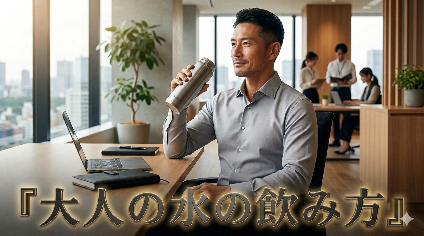 初夏の爽やかな光が差し込む洗練されたモダンなオフィスのデスクを背景に、結露のないクリーンなマグボトルをスマートに扱いながら、だらしなさを1ミリも感じさせない驚くほど引き締まったお腹周りと知的な大人の品格を放つ40代のイケオジ男性。大人の水の飲み方習慣戦略のイメージ。