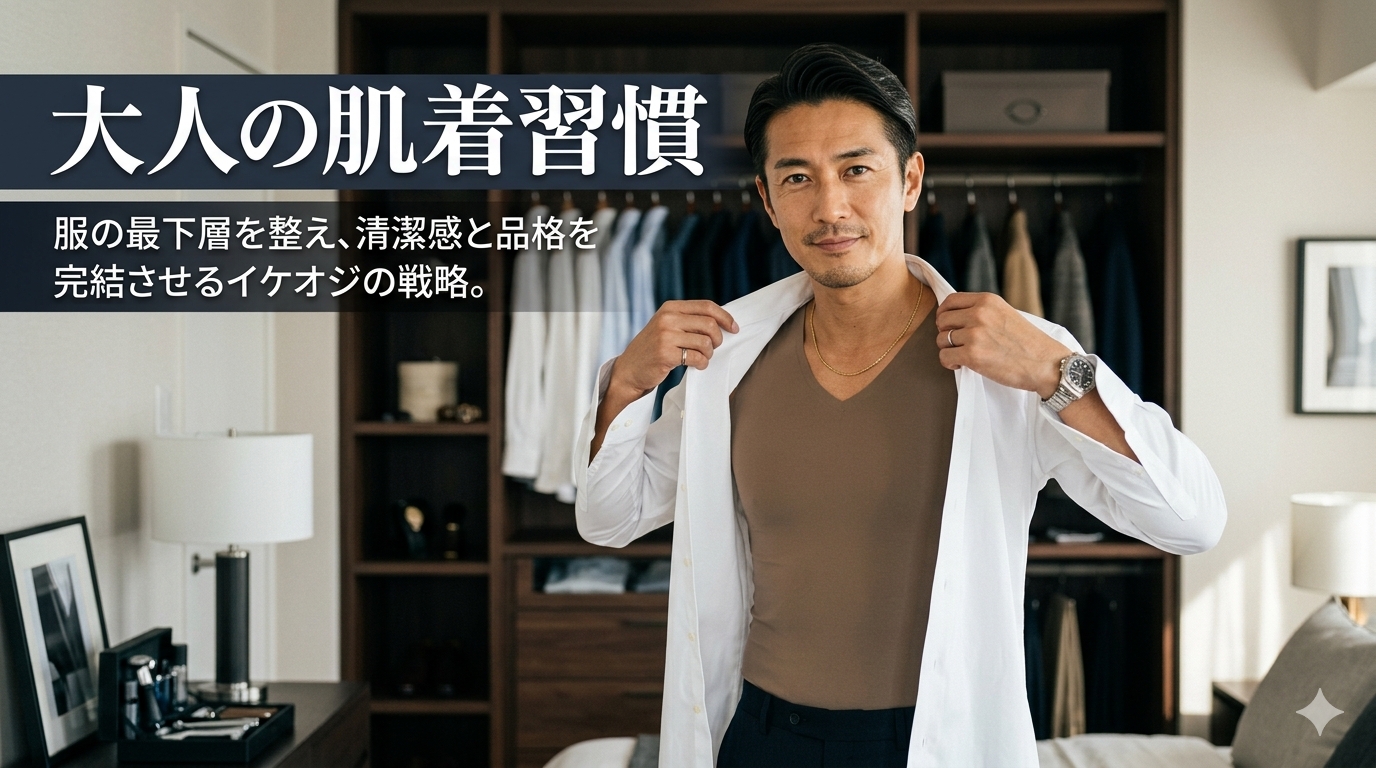初夏の爽やかな光が差し込む洗練されたモダンなクローゼットの前で、白いワイシャツをスマートに羽織りながら、内側のインナーのラインを1ミリも透けさせない完璧なサイズ感と圧倒的な清潔感を披露し、高い自己管理能力と知的な大人の品格を放つ40代のイケオジ男性。大人の肌着習慣戦略のイメージ。