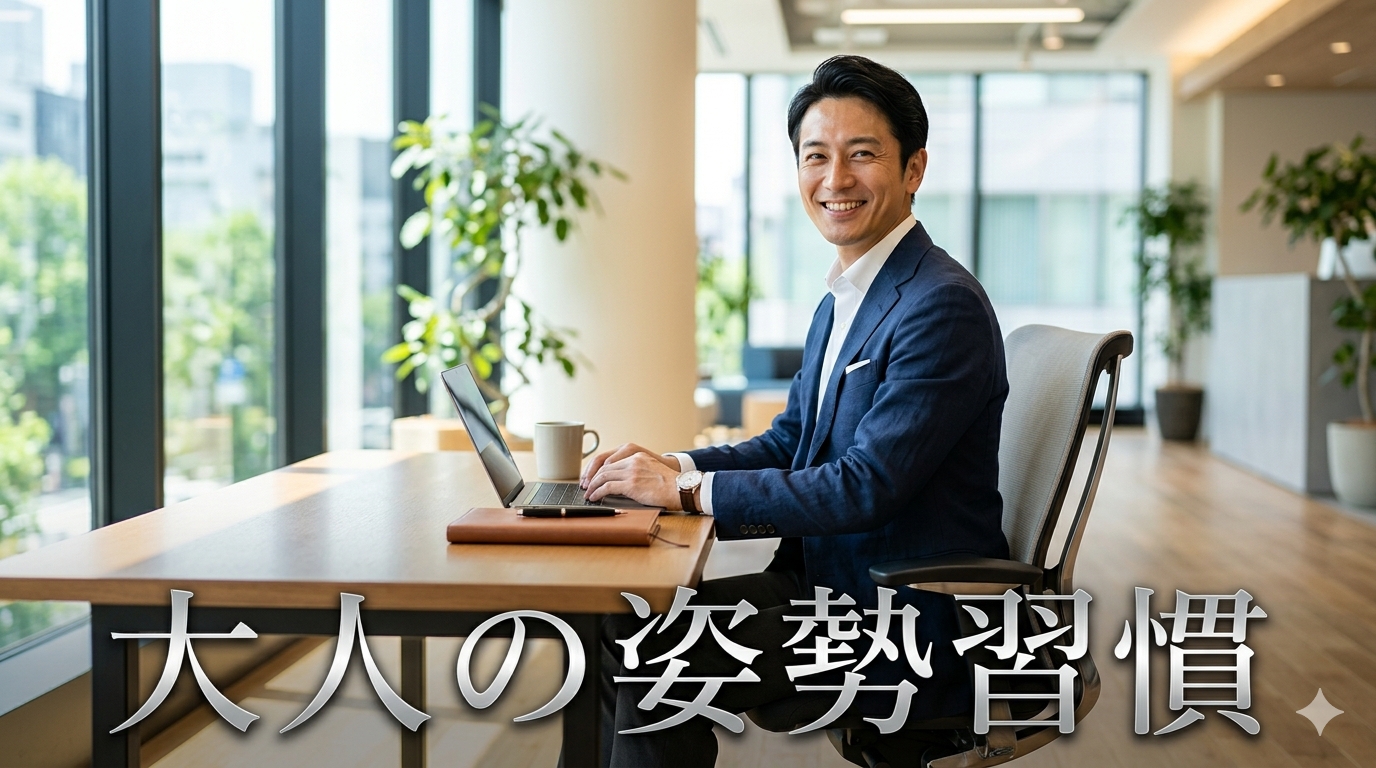 初夏の爽やかな光が差し込む洗練されたモダンなオフィスのデスクを背景に、背筋がスッと美しく伸び、胸がクリーンに開いた完璧な立ち姿を披露し、高い自己管理能力と知的な大人の品格を放つ40代のイケオジ男性。大人の姿勢改善戦略のイメージ。