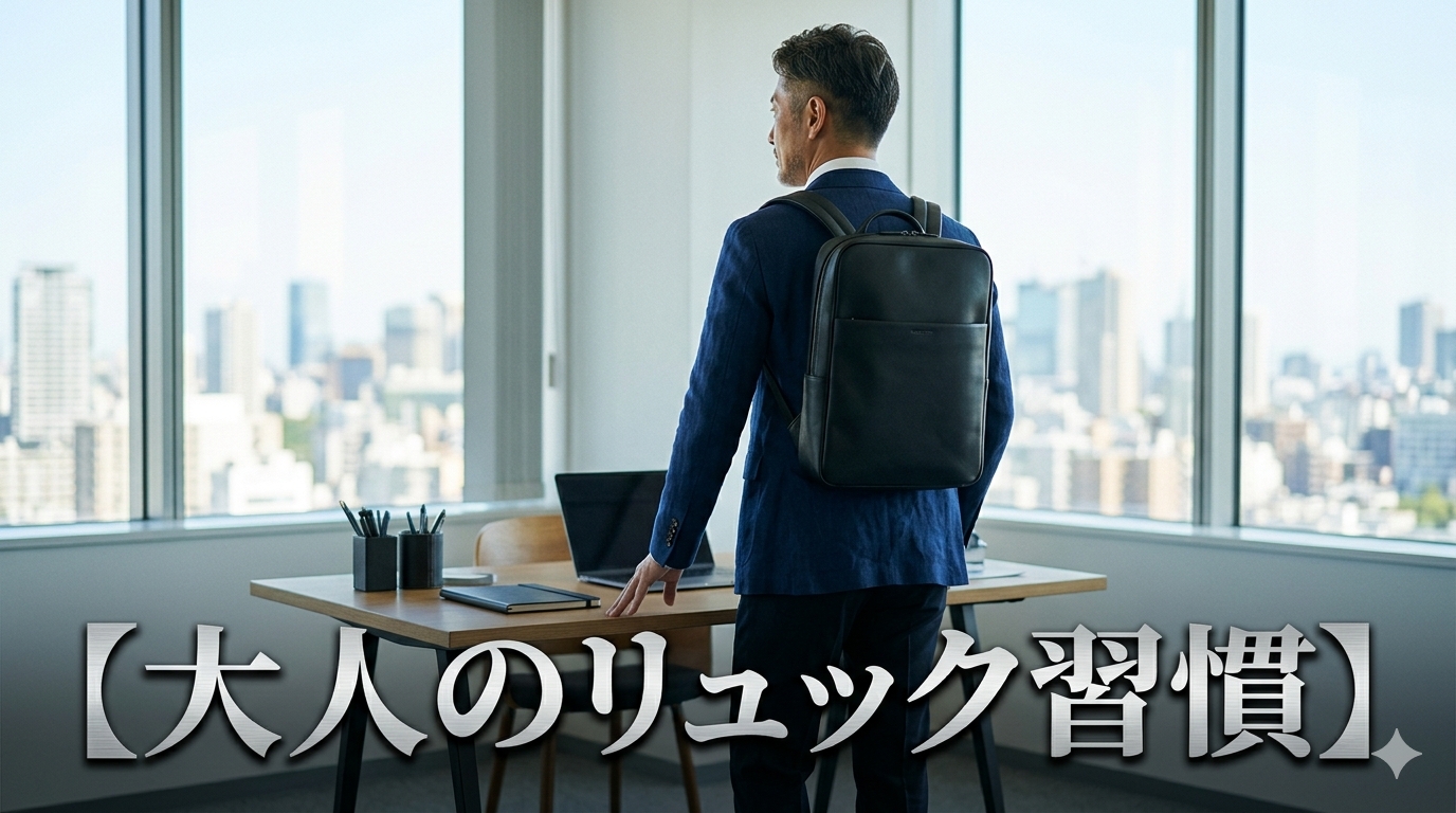 初夏の爽やかな光が差し込む洗練されたモダンなオフィスのデスクを背景に、マチが薄く洗練されたスクエア型ビジネスリュックをスマートに扱いながら、だらしなさを1ミリも感じさせない驚くほどシャープな後ろ姿と知的な大人の品格を放つ40代のイケオジ男性。大人のビジネスリュック習慣戦略のイメージ。