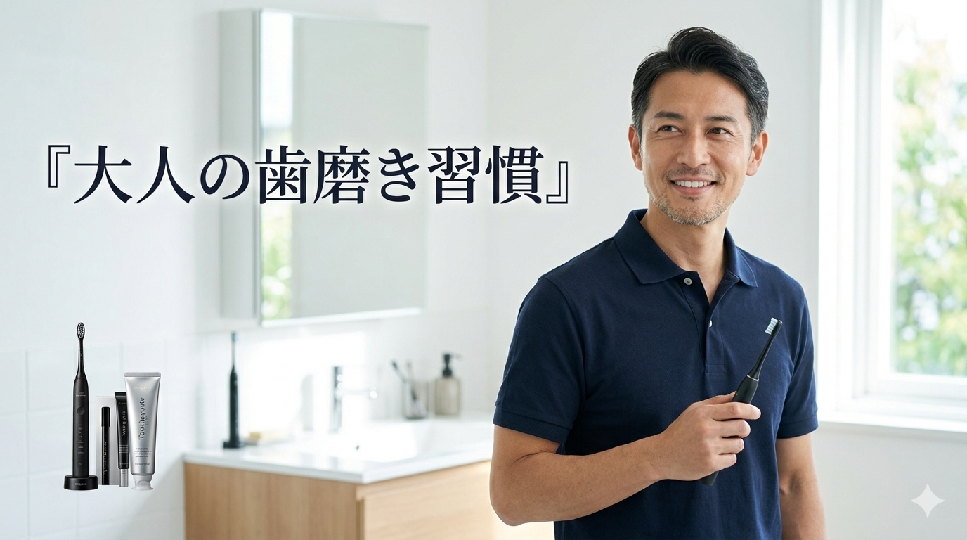 初夏の爽やかな朝の光が差し込む洗練されたモダンな洗面台の鏡の前で、だらしなさを1ミリも感じさせない驚くほどクリーンでハリのある口元を披露し、高い自己管理能力と知的な大人の品格を放つ40代のイケオジ男性。大人の歯磨き習慣戦略のイメージ。