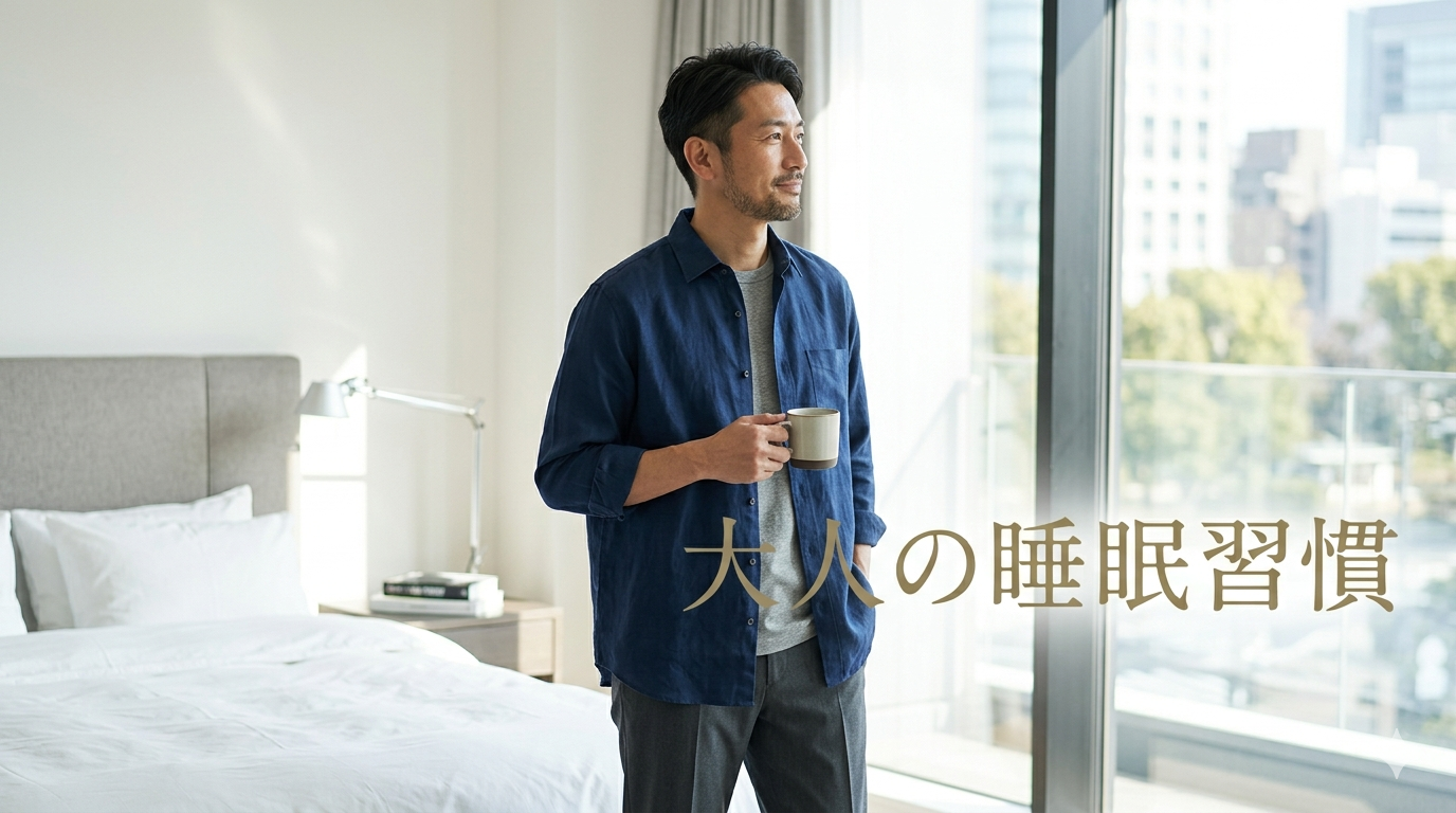 初夏の爽やかな朝の光が差し込むスタイリッシュで清潔感のある寝室を背景に、だらしなさを1ミリも感じさせないクリーンなシャツスタイルをスマートにまとい、圧倒的な目覚めの軽さと知的な大人の品格を放つ40代のイケオジ男性。大人の睡眠の質向上戦略のイメージ。