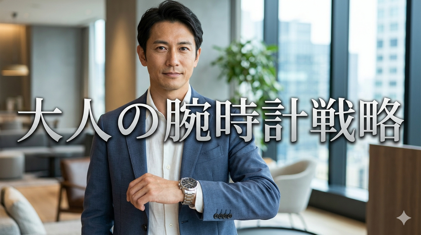 初夏の爽やかな光が差し込む洗練されたオフィスの会議室やモダンなカフェのテラスを背景に、過剰な厚みや派手さが1ミリもない、圧倒的にシャープで美しい艶を放つメタルのクロノグラフ腕時計を袖口からスマートに覗かせ、圧倒的な清潔感と知的な大人の品格を放つ40代のイケオジ男性。大人の腕時計戦略のイメージ。