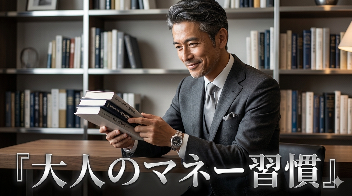 現代的な書斎で、知的な品格を漂わせながら名著を手にする40代男性のイメージ。大人の資産形成と自己投資を表現