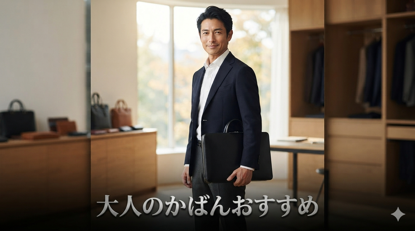 初秋の柔らかな光が差し込む洗練されたモダンでミニマルなオフィスやクローゼットを背景に、ネイビーの端正なジャケットと白シャツ、美しいグレーのテーパードパンツをスマートに組み合わせ、だらしのない型崩れやパンパンな膨らみが1ミリもない、圧倒的にクリアで美しい黒の薄型本革ビジネスバッグを披露し、高い自己管理能力と知的な大人の品格を放つ40代のイケオジ男性。大人のバッグおすすめ3選戦略のイメージ。