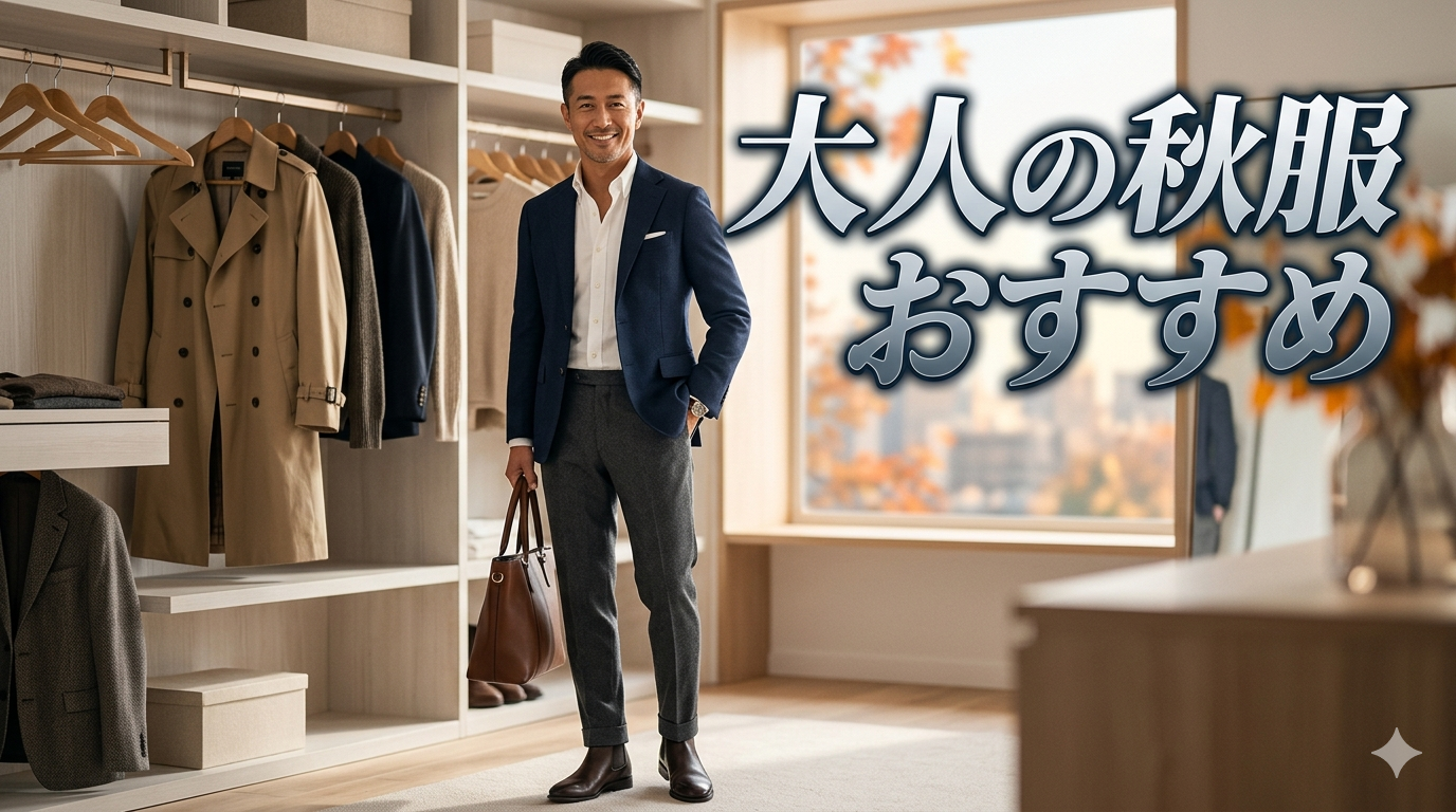 初秋の柔らかな光が差し込む洗練されたモダンでミニマルなクローゼットやフィッティングルームを背景に、ネイビーの端正なジャケットと白シャツ、美しいグレーのテーパードパンツをスマートに組み合わせ、2026年最新のクラシックな直線シルエットの立ち姿を披露し、高い自己管理能力と知的な大人の品格を放つ40代のイケオジ男性。大人の秋服おすすめ3選戦略のイメージ。