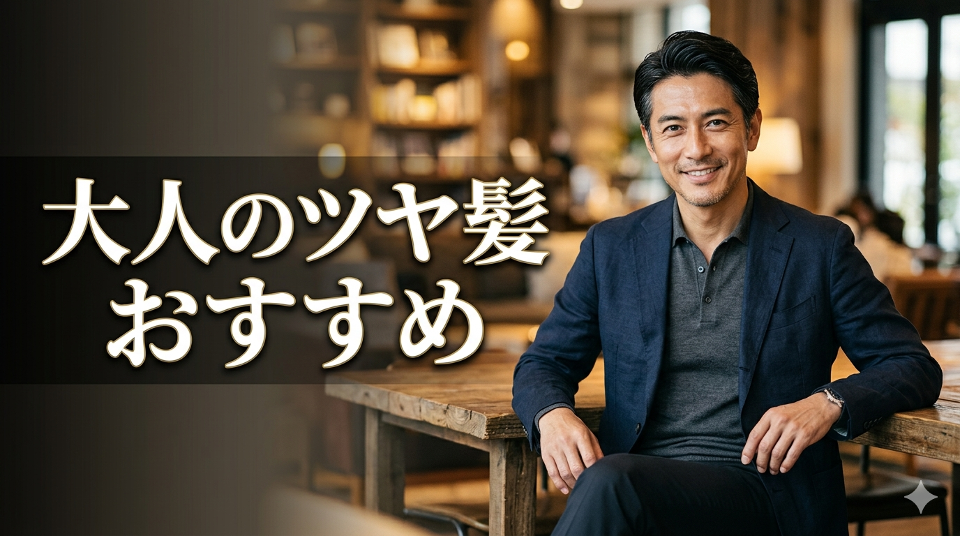 初秋の柔らかな光が差し込む洗練されたモダンでミニマルなクローゼットやフィッティングルームを背景に、ネイビーの端正なジャケットと白シャツ、美しいグレーのテーパードパンツをスマートに組み合わせ、だらしのない乾燥やゴワつきが1ミリもない、圧倒的にクリアで美しいツヤ髪を披露し、高い自己管理能力と知的な大人の品格を放つ40代のイケオジ男性。大人のツヤ髪おすすめ3選戦略のイメージ。