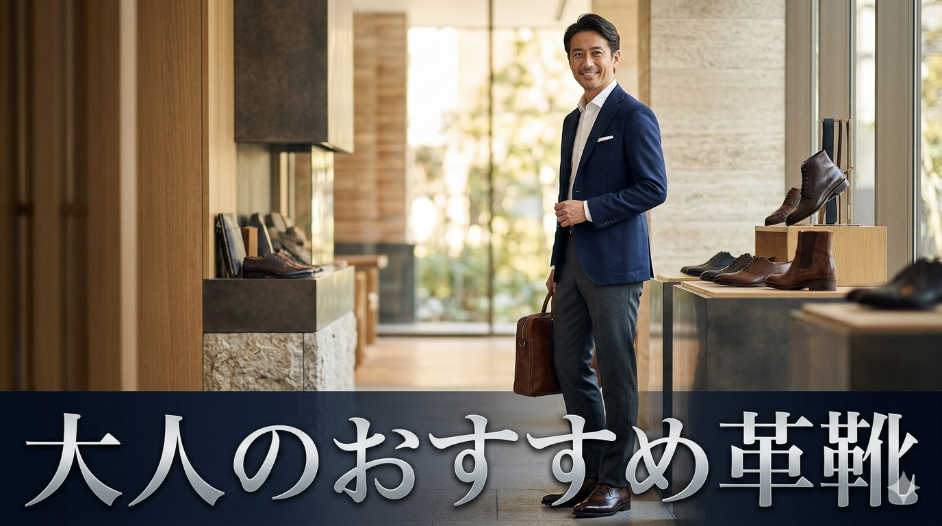 初秋の柔らかな光が差し込む洗練されたモダンでミニマルな玄関やシュークローゼットを背景に、ネイビーの端正なジャケットと白シャツ、美しいグレーのテーパードパンツをスマートに組み合わせ、だらしのない型崩れやすり減りが1ミリもない、圧倒的にクリアで美しい黒の本革プレーントゥシューズを披露し、高い自己管理能力と知的な大人の品格を放つ40代のイケオジ男性。大人の靴おすすめ3選戦略のイメージ。