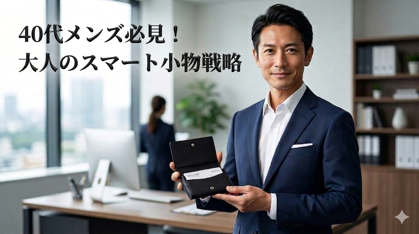 初秋の柔らかな光が差し込む洗練されたオフィスの会議室を背景に、ネイビーの端正なジャケットと白シャツをスマートに着こなし、他人の名刺での膨らみや擦り切れが1ミリもない、圧倒的に極薄で美しい艶を放つミニマルな本革名刺入れを手元に添えながら、高い自己管理能力と知的な大人の品格を放つ40代のイケオジ男性。大人の名刺入れ習慣戦略のイメージ。