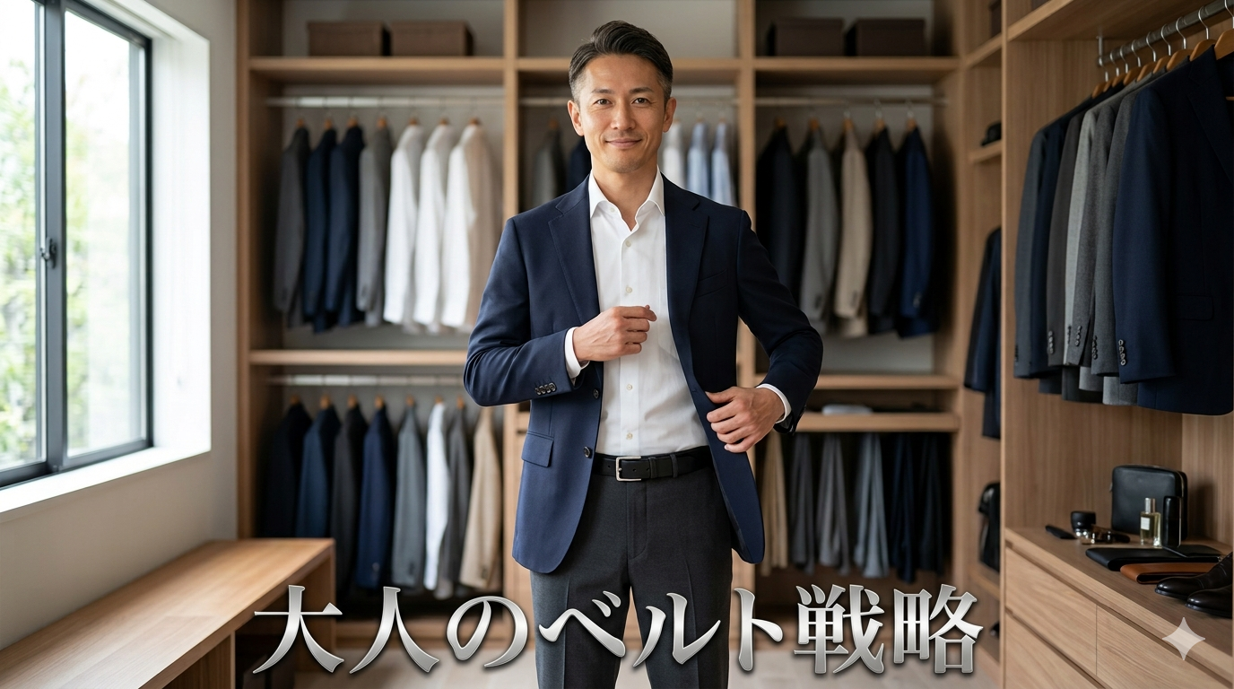 初秋の柔らかな光が差し込む洗練されたモダンなクローゼットを背景に、ネイビーの端正なジャケットと白シャツをスマートに着こなし、巨大なブランドロゴのノイズを完全に引き算した小ぶりなシルバーのスクエア型ピンバックル本革ベルトを腰元に締め、足元との完璧な質感を調和させて高い自己管理能力と知的な大人の品格を放つ43歳のイケオジ男性。大人のベルト選び・腰元統治戦略のイメージ