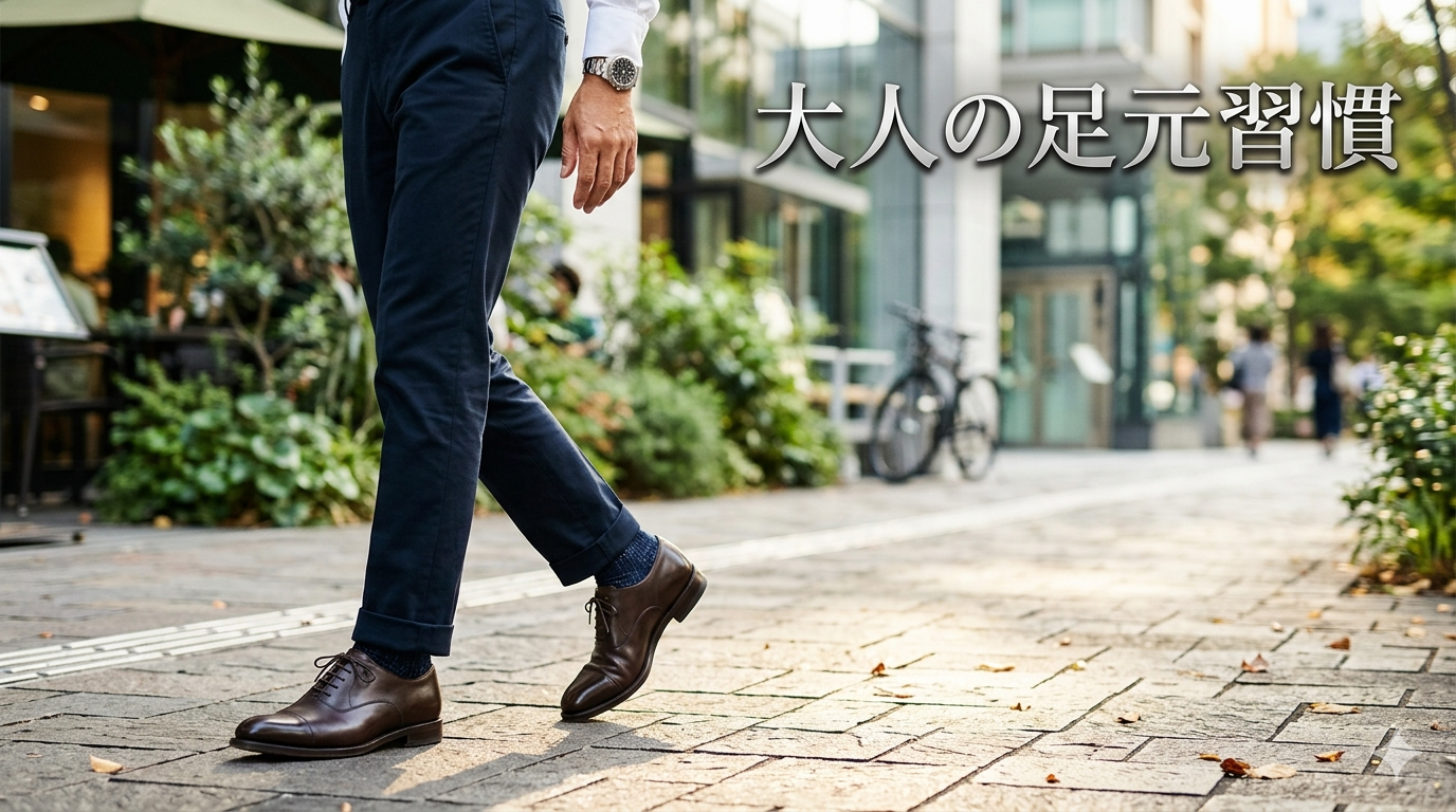 初秋の柔らかな光が差し込む洗練されたモダンでミニマルな玄関やシュークローゼットを背景に、ネイビーの端正なジャケットと白スラックスをスマートに組み合わせ、無駄な装飾のないシンプルな黒のプレーントゥレザーシューズを身にまとい、だらしのない型崩れやすり減りが1ミリもない圧倒的にクリーンな直線シルエットの足元で背筋を美しく伸ばし、高い自己管理能力と知的な大人の品格を放つ40代のイケオジ男性。大人の靴おすすめ・足元統治戦略のイメージ。