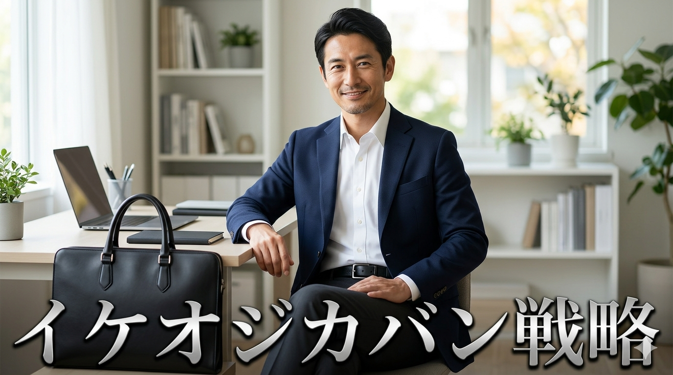 初秋の柔らかな光が差し込む洗練されたモダンでミニマルな書斎を背景に、ネイビーの端正なジャケットと白シャツをスマートに組み合わせ、荷物でパンパンに膨らんだナイロンリュックのノイズを完全に引き算したマチ幅の薄い黒の本革レザーブリーフケースを手元に添え、高い自己管理能力と知的な大人の品格を放つ43歳のイケオジ男性。大人のビジネスバッグ選び・カバン統治戦略のイメージ。