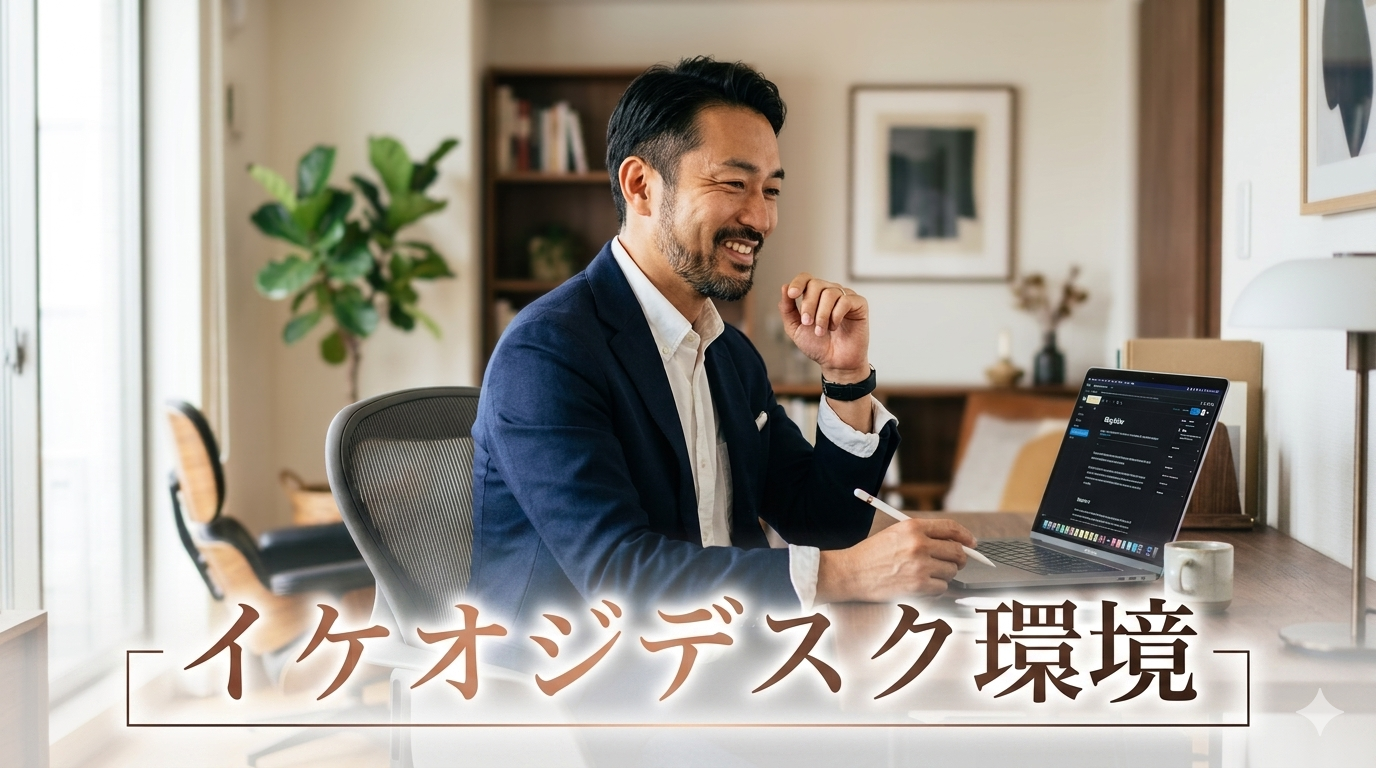 初秋の柔らかな光が差し込む洗練されたモダンでミニマルな書斎を背景に、ネイビーの端正なジャケットと白シャツをスマートに組み合わせ、無駄な便利グッズや色彩ノイズが1ミリもない圧倒的にクリーンな直線シルエットのビジネスデスクの前で背筋を美しく伸ばし、高い自己管理能力と知的な大人の品格を放つ40代のイケオジ男性。大人のデスク周り・空間統治戦略のイメージ。