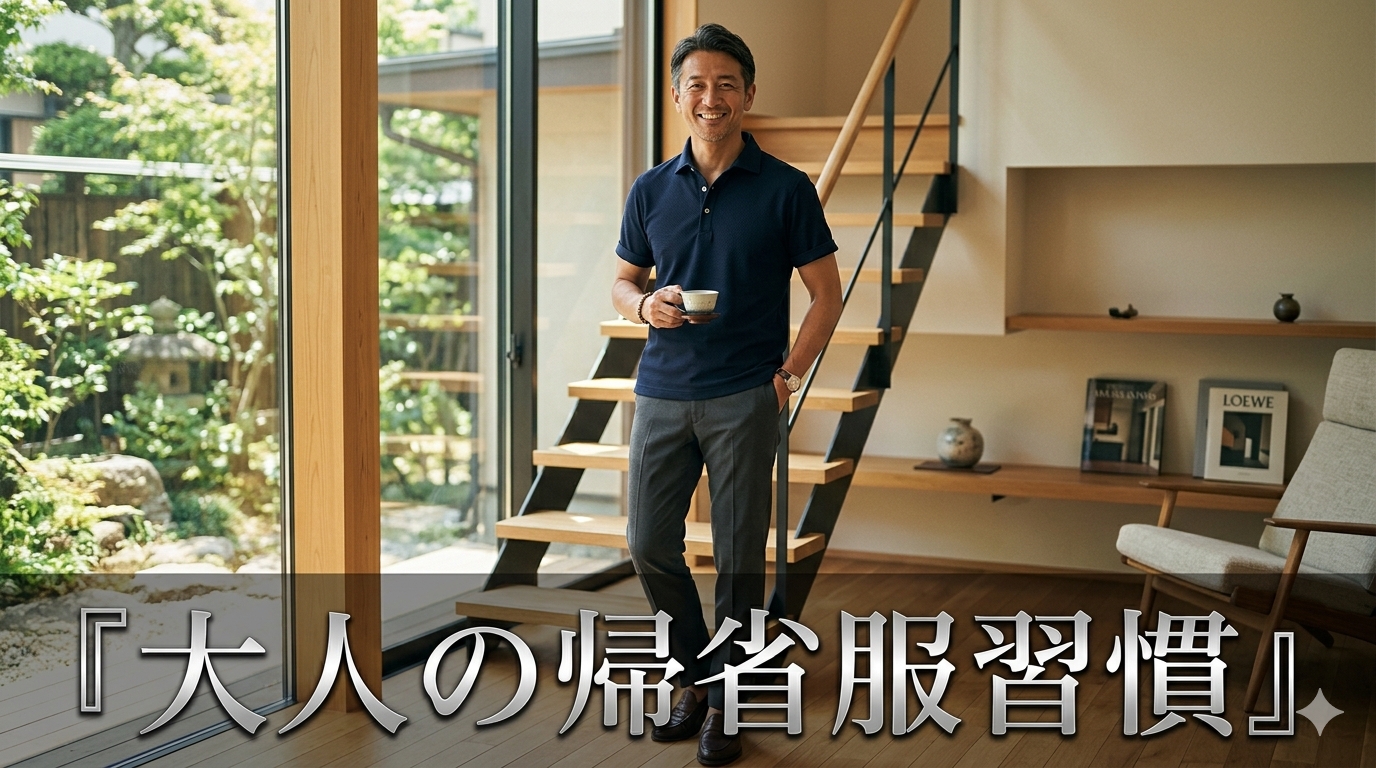 8月の爽やかな陽光が差し込む洗練された和モダンな空間を背景に、端正なネイビーの台襟付きポロシャツとシワのないアンクルパンツをスマートに着こなし、だらしなさを1ミリも感じさせない驚くほどクリーンな佇まいを披露し、高い自己管理能力と知的な大人の品格を放つ40代のイケオジ男性。大人の帰省服習慣戦略のイメージ。