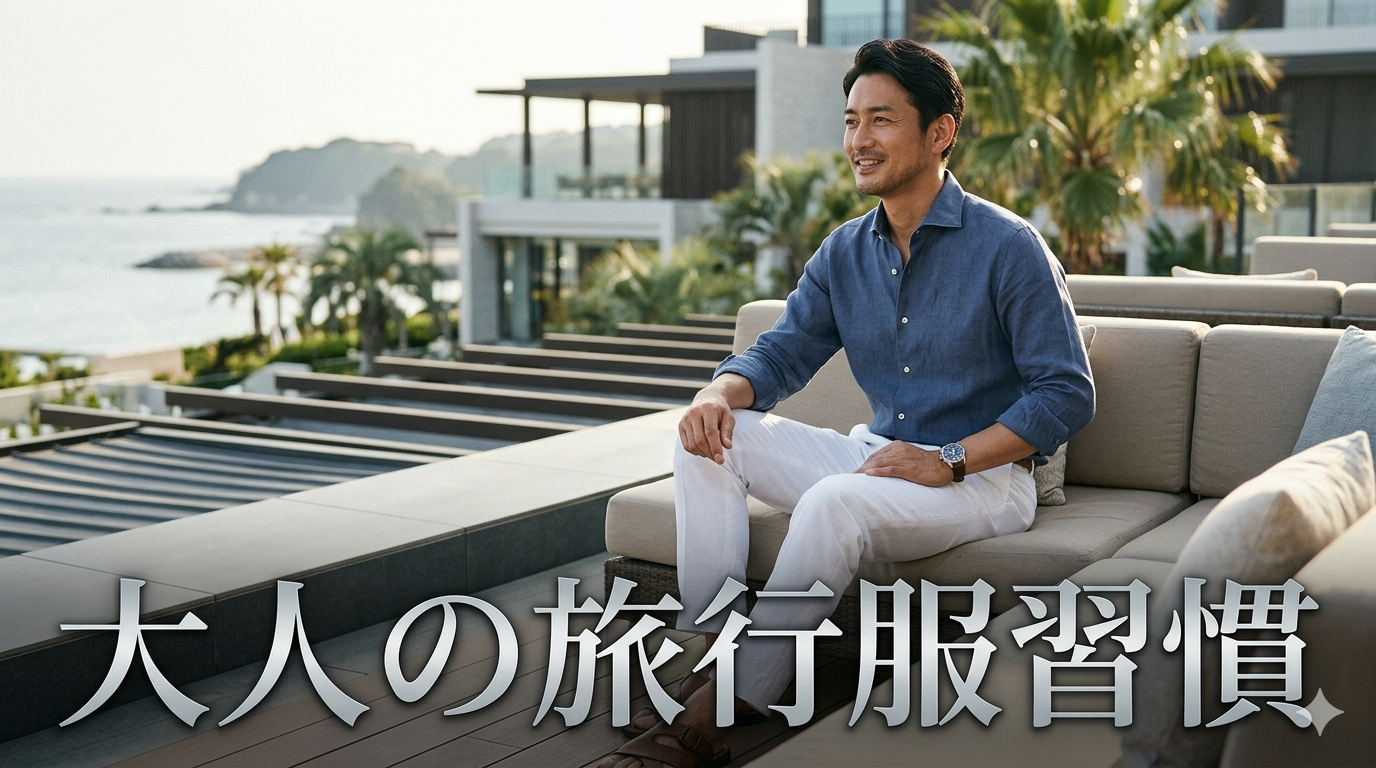夏の爽やかな陽光が優しく差し込む洗練されたラグジュアリーなリゾートホテルのロビーを背景に、端正なサマーリネン混シャツをスマートに羽織り、シワのないクリーンなアンクルパンツを合わせて、だらしなさを1ミリも感じさせない驚くほどクリーンな佇まいを披露し、高い自己管理能力と知的な大人の品格を放つ40代のイケオジ男性。大人の旅行服習慣戦略のイメージ。