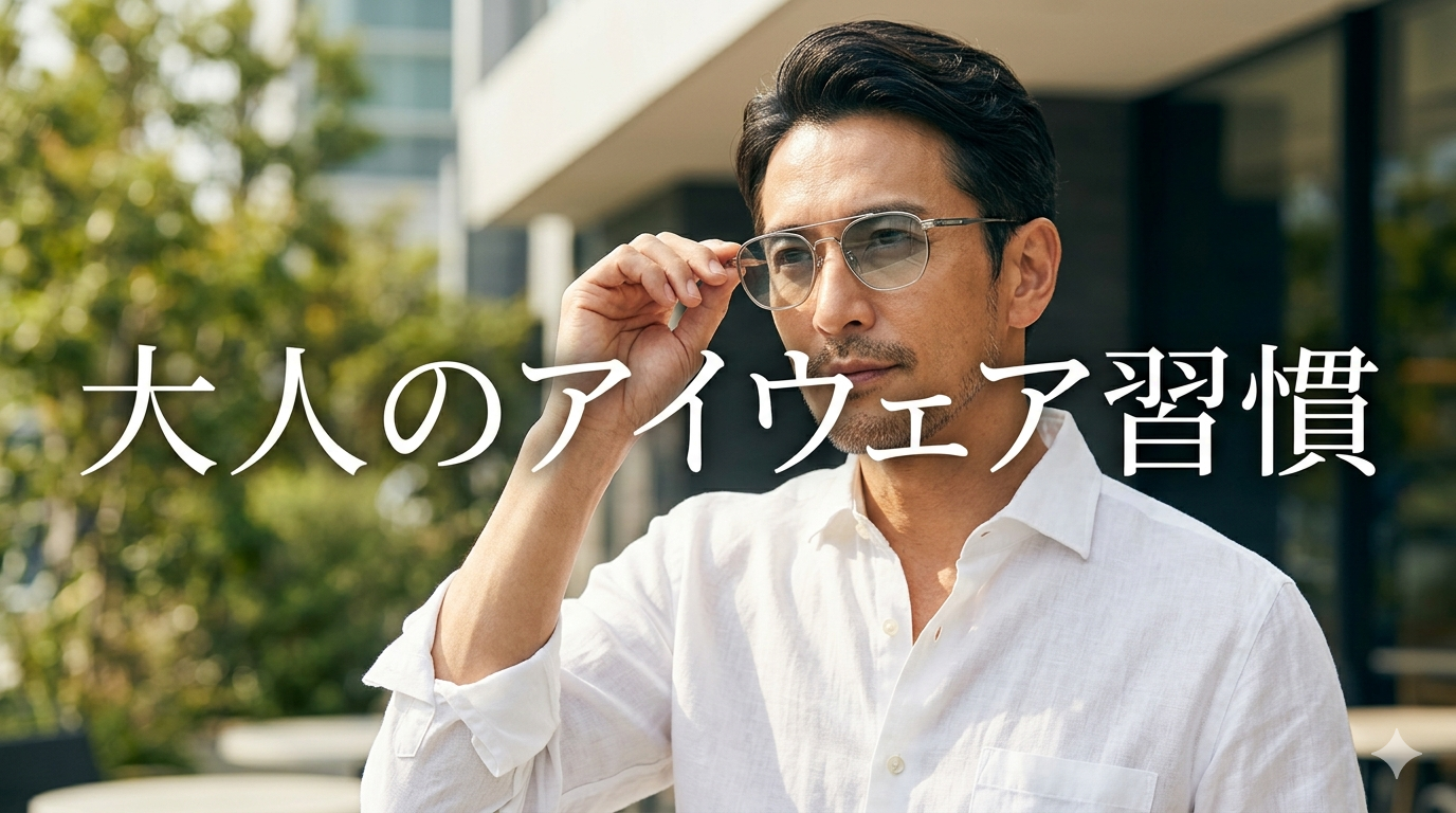初夏の爽やかな光が差し込む都会的なロケーションを背景に、極細のメタルフレームと目元が微かに透けるライトカラーレンズのアイウェアをスマートに着用し、だらしなさを1ミリも感じさせない驚くほどシャープな表情と知的な大人の品格を放つ40代のイケオジ男性。大人のアイウェア習慣戦略のイメージ。