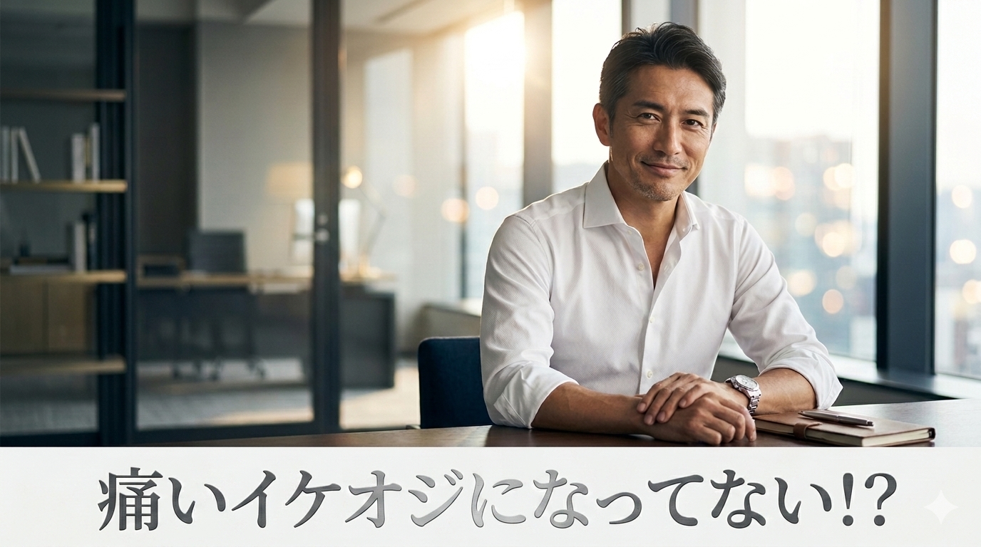 都会の爽やかな光が差し込む洗練されたモダンなモノトーン調のオフィスを背景に、派手な装飾を一切足さないクリーンなシャツスタイルをスマートに着用し、静かで知的な大人の余裕の笑みを浮かべ、高い自己管理能力と本物の格調を放つ40代のイケオジ男性。大人の引き算習慣戦略のイメージ。