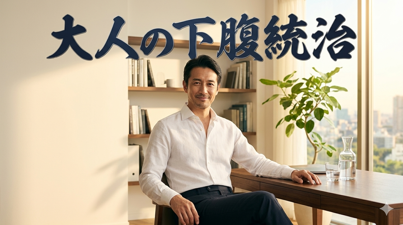 初夏の爽やかな光が差し込む洗練されたモダンなオフィスや書斎を背景に、無駄な装飾のないシンプルなシャツをスマートに着こなし、だらしのないぽっこりお腹のサインを1ミリも感じさせない驚くほどシャープでクリーンな立ち姿を披露し、高い自己管理能力と知的な大人の品格を放つ40代のイケオジ男性。大人の下腹統治習慣戦略のイメージ。
