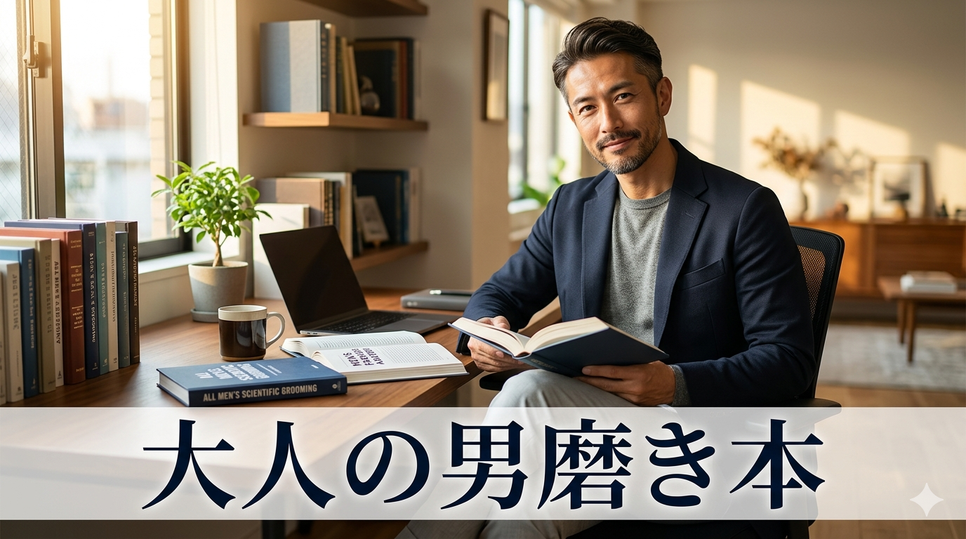初夏の爽やかな光が差し込む洗練されたモダンな書斎のデスクを背景に、世界最高峰の科学的男磨き本やファッション解剖図鑑をスマートに扱い、脳内に圧倒的な教養のインフラを構築して知的な大人の品格を放つ40代のイケオジ男性。大人の男磨き本戦略のイメージ。