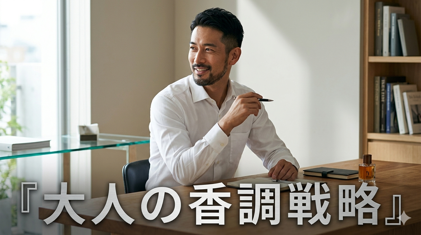 夏の爽やかな陽光が優しく差し込む洗練されたモダンでミニマルな書斎を背景に、無駄な装飾のないシンプルな白シャツをスマートに着こなし、だらしのない夏バテやお疲れ感を1ミリも感じさせない驚くほどシャープでクリーンな佇まいを披露し、高い自己管理能力と知的な大人の品格を放ちながら、目に見えない空気までエレガントにコントロールする40代のイケオジ男性。大人の香水・香調戦略のイメージ