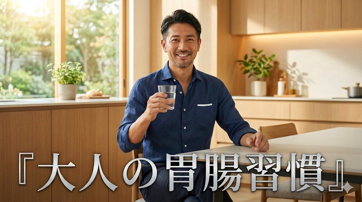 夏の爽やかな陽光が優しく差し込む洗練されたモダンでミニマルなキッチンを背景に、無駄な装飾のないシンプルなシャツをスマートに着こなし、常温のクリアなミネラルウォーターを手に取りながら、だらしのない夏バテやお疲れ感を1ミリも感じさせない驚くほどシャープでクリーンな佇まいを披露し、高い自己管理能力と知的な大人の品格を放つ40代のイケオジ男性。大人の夏バテ胃腸習慣戦略のイメージ。