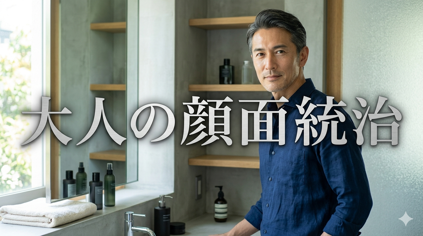 初夏の爽やかな光が差し込む洗練されたモダンな洗面台や書斎を背景に、無駄な装飾のないシンプルなシャツをスマートに着こなし、夕方になってもお疲れ顔のサインを1ミリも感じさせない驚くほどシャープでクリーンな肌艶を披露し、高い自己管理能力と知的な大人の品格を放つ40代のイケオジ男性。大人の顔面統治習慣戦略のイメージ。