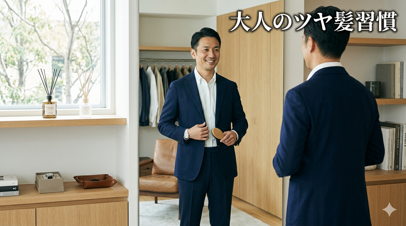 夏の爽やかな陽光が優しく差し込む洗練されたモダンでミニマルなバスルームを背景に、無駄な装飾のないシンプルな白シャツをスマートに着こなし、夏の紫外線ダメージやお疲れ髪のパサつきを1ミリも感じさせない驚くほどシャープで澄み切ったクリーンなツヤ髪を披露し、高い自己管理能力と知的な大人の品格を放つ40代のイケオジ男性。大人の髪のパサつきリセット戦略のイメージ。