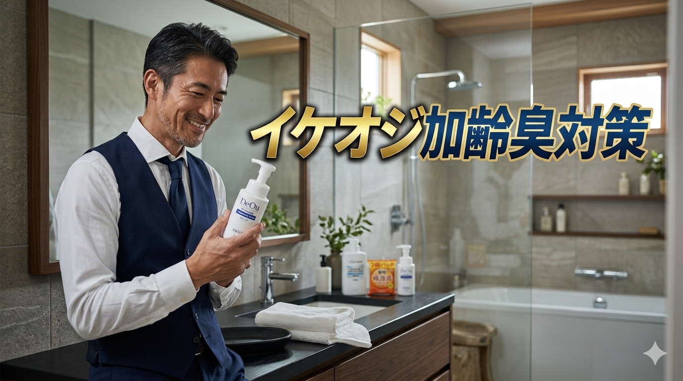 初秋の光が差し込む洗練されたモダンなバスルームで、白シャツとネイビーのスーツベストをスマートに着こなした40代メンズが、洗面台のデ・オウ薬用ボトルを手に取ってにっこり微笑む朝の風景。右側には大きな立体的なメタリックシルバーの文字でイケオジ加齢臭対策と入ったアイキャッチ画像