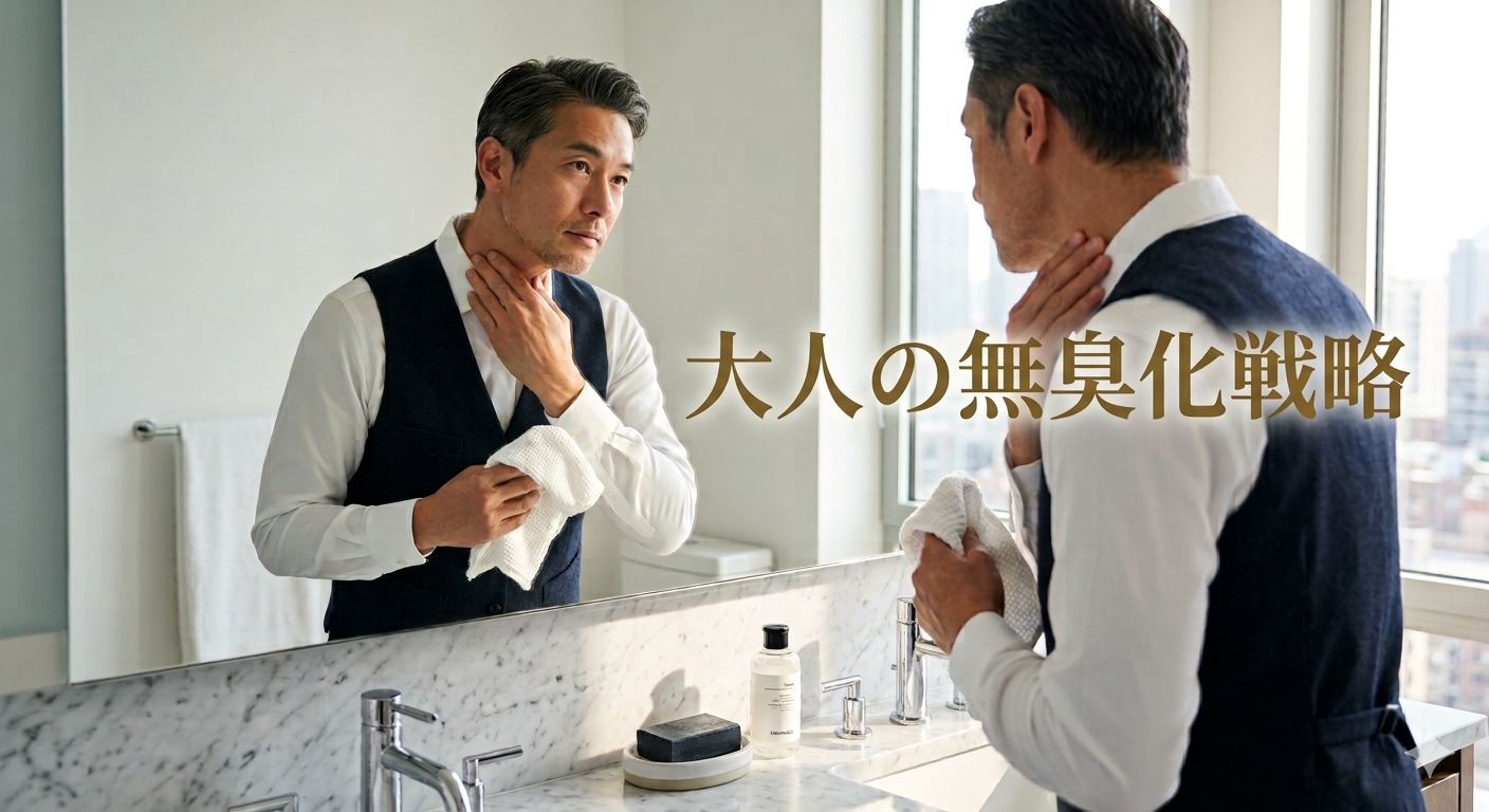 初秋の優しい光が差し込む洗練された白いバスルームで、白髪混じりの髪を整えた40代メンズが、首の後ろや耳の裏をすっきりとクリーンに整える大人の無臭化洗浄習慣の風景。中央にはメタリックシルバーの文字で大人の無臭化戦略と入ったアイキャッチ画像