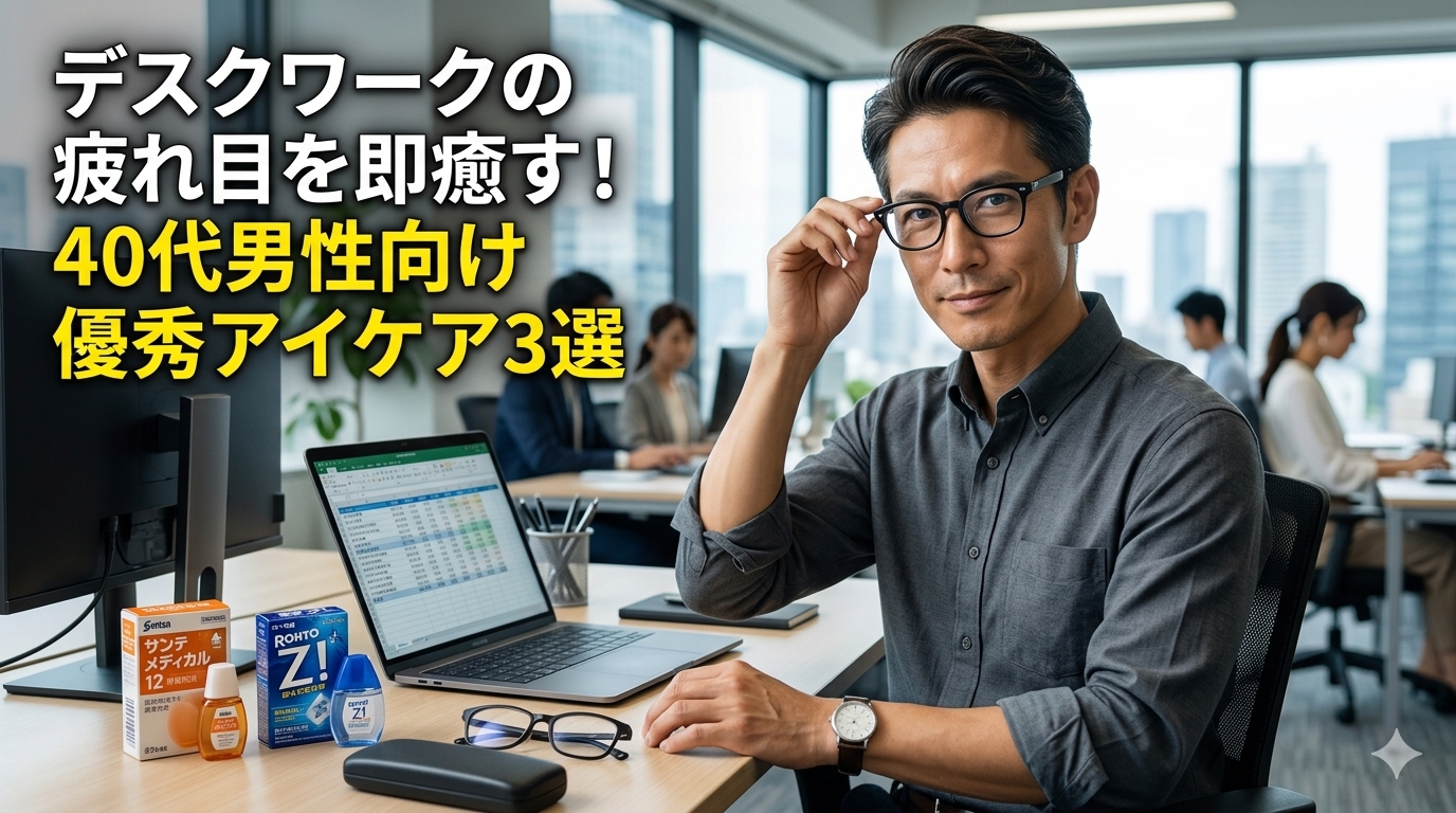 洗練されたモダンなオフィスの窓際デスクで、シックなチャコールグレーのシャツをスマートに着こなした40代既婚メンズが、手元のPCメガネを掛け直しながら濁りのない知的な大人の余裕の笑みを浮かべて佇んでいる風景。デスクの上には実在するサンテメディカル12やロートジープロの目薬が置かれており、画面左側には大きな立体フォントでデスクワークの疲れ目を即癒す！40代男性向け優秀アイケア3選とだけ文字が入ったアイキャッチ画像