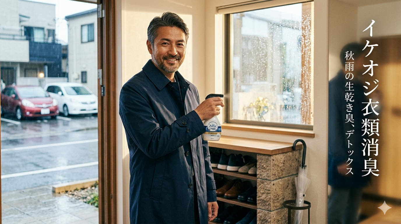 外に激しい秋雨が降りしきる住宅街を背景にした洗練された玄関先で、シックなダークネイビーのステンカラーコートをスマートに着こなした40代既婚メンズが、右手にファブリーズプレミアムの白い消臭スプレーボトルを持ちながら、知的な余裕の笑みを浮かべてにっこり微笑んでいる風景。右側には大きな縦書きの白い文字でイケオジ衣類消臭、その横に小さく秋雨の生乾き臭、デトックスと入ったアイキャッチ画像
