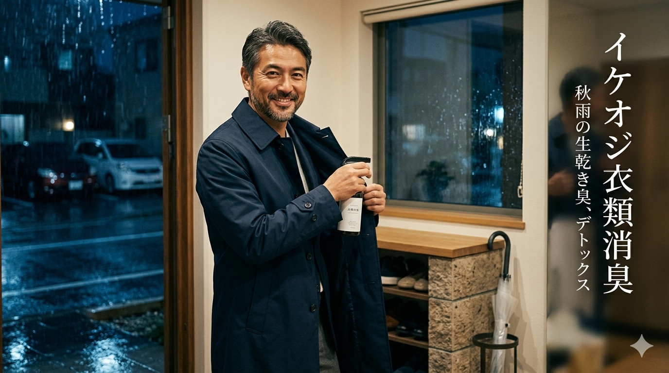 外に激しい秋雨が降る夜の洗練された玄関（あるいはオフィスの窓際）で、シックなダークネイビーのステンカラーコートをスマートに着こなした40代既婚メンズが、濡れたアウターの繊維の奥の生乾き臭を消去するために、布地用の衣類消臭スプレーボトルを手に持ちながら、知的な余裕の笑みを浮かべてにっこり微笑んでいる風景。右側には大きな縦書きの白い文字でイケオジ衣類消臭とはいっている