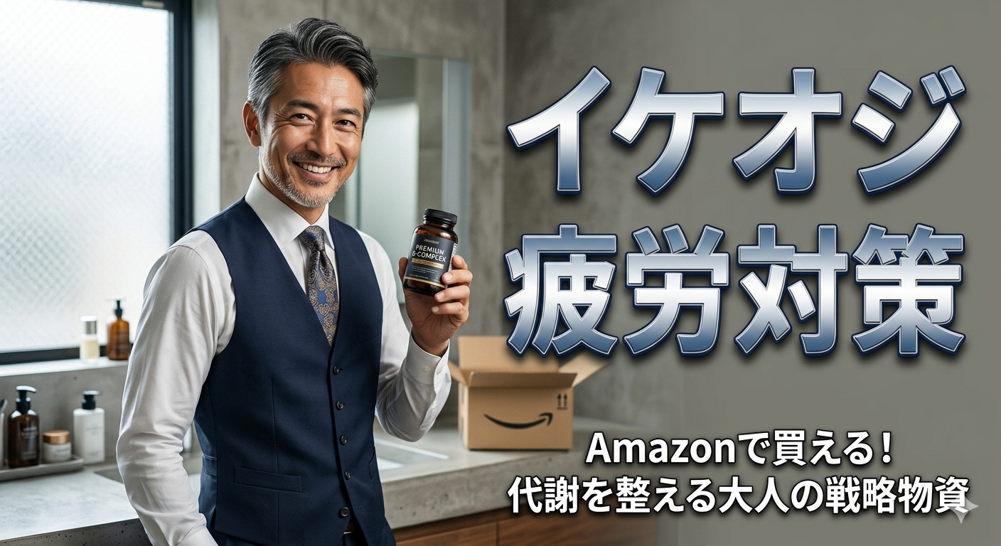 初秋の光が差し込む洗練されたモダンな洗面台の前で、ネイビーのスーツベストと白シャツをスマートに着こなした40代既婚ビジネスマンが、Amazonから届いたサプリメントボトルを手に取りにっこりと微笑む朝の風景。右側には大きな立体的なメタリックシルバーの文字でイケオジ疲労対策と入ったアフィリエイト記事用のアイキャッチ画像