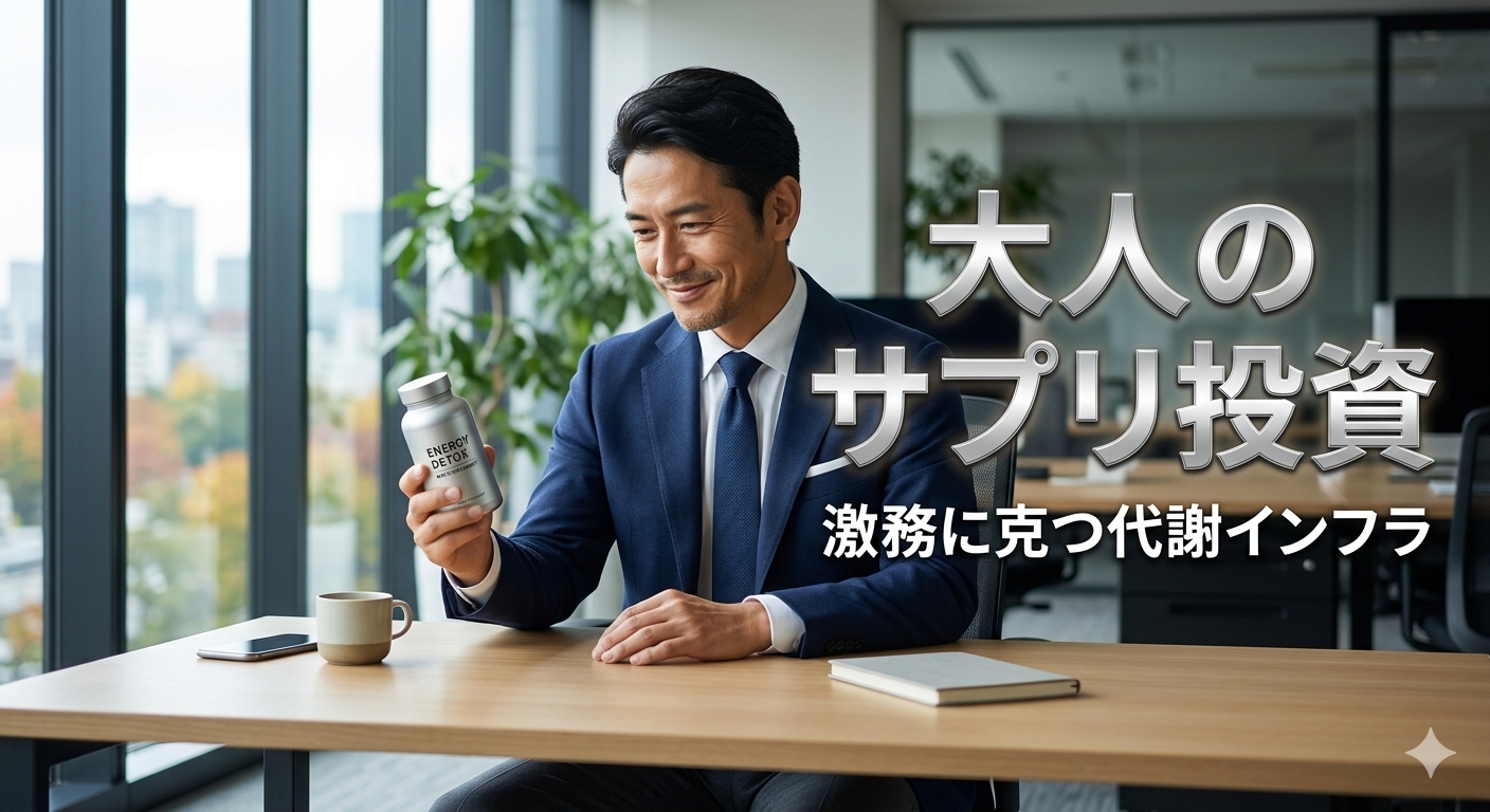 初秋の柔らかな光が差し込む洗練されたオフィスのデスクで、ネイビーの端正なジャケットをスマートに着こなした40代既婚ビジネスマンが、メタリックシルバーのサプリメントボトルを手に取り微笑む朝の風景。右側には大きな立体的なメタリックシルバーの文字で大人のサプリ投資と入ったアイキャッチ画像
