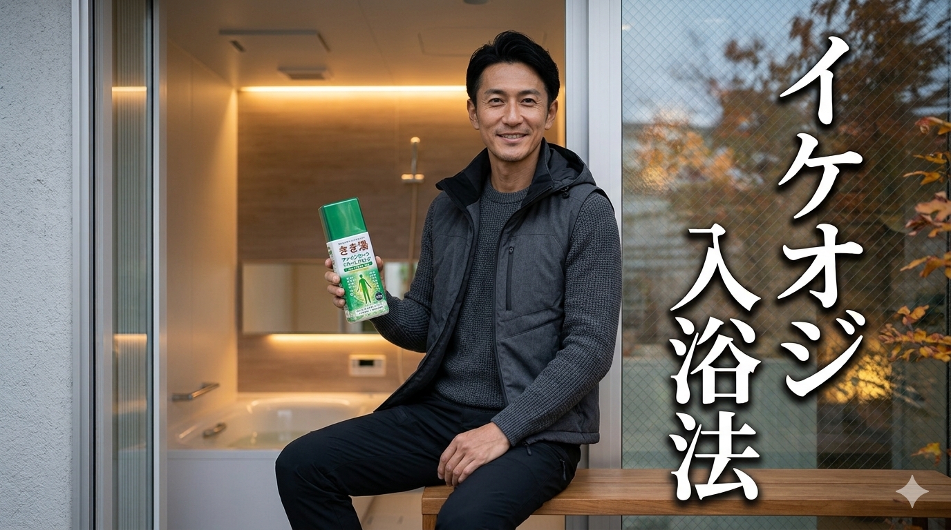 温かみのある間接照明が灯る洗練されたモダンなバスルームの木製ベンチに腰掛け、シックなダークグレーのスポーツウェアをスマートに着こなした40代既婚メンズが、斜めのカメラアングルに向かって右手に「きき湯ファインヒート」のボトルを持ちながら、知的な余裕の笑みを浮かべている風景。右側には大きな縦書きの白い立体フォントでイケオジ入浴法とだけ文字が入ったアイキャッチ画像